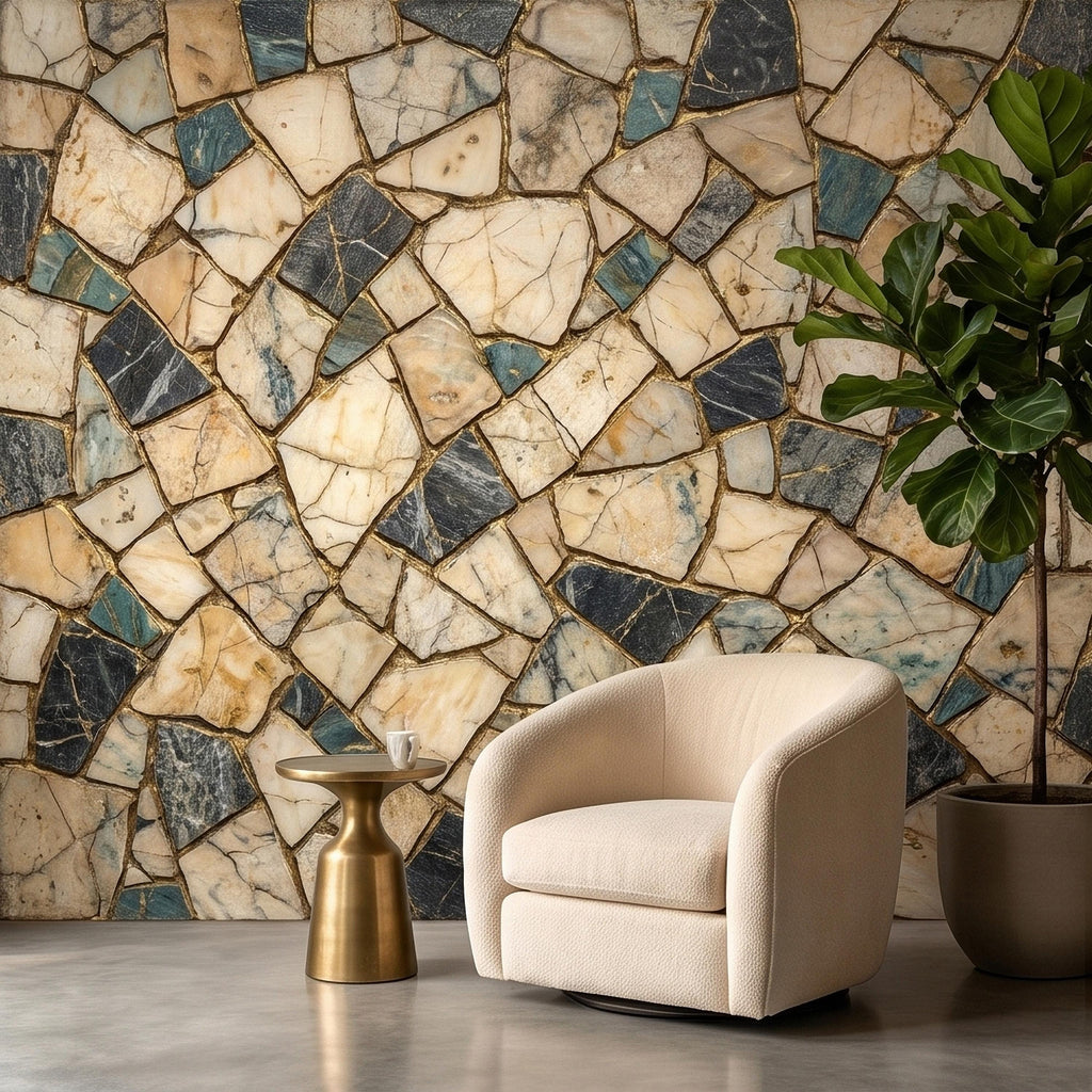 Kintsugi Marble Mosaic Peel and Stick Wall Mural, Broken Irregular Stone Tile Patchwork Pattern, Modern Luxury Faux Marble Texture Wallpaper