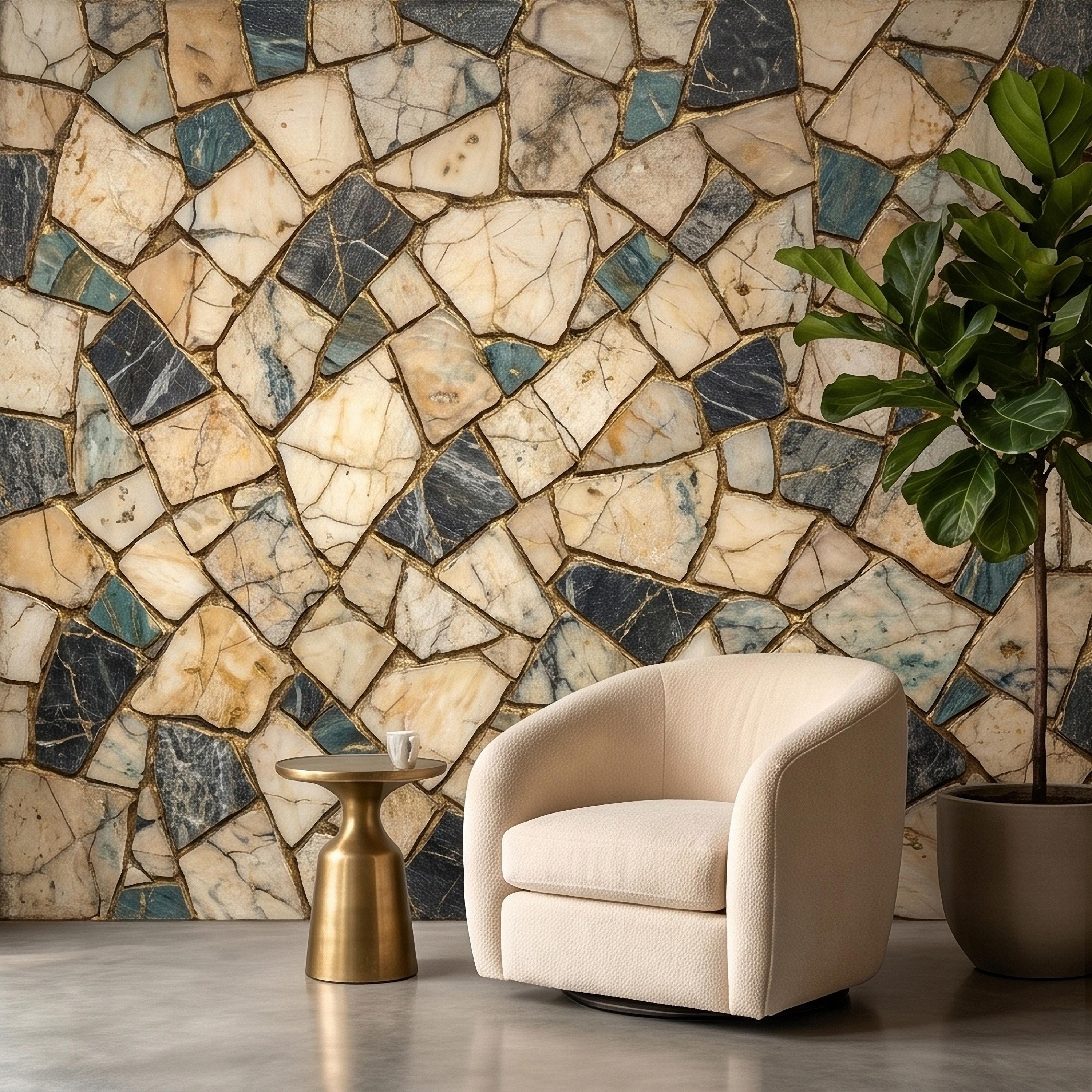 Kintsugi Marble Mosaic Peel and Stick Wall Mural, Broken Irregular Stone Tile Patchwork Pattern, Modern Luxury Faux Marble Texture Wallpaper