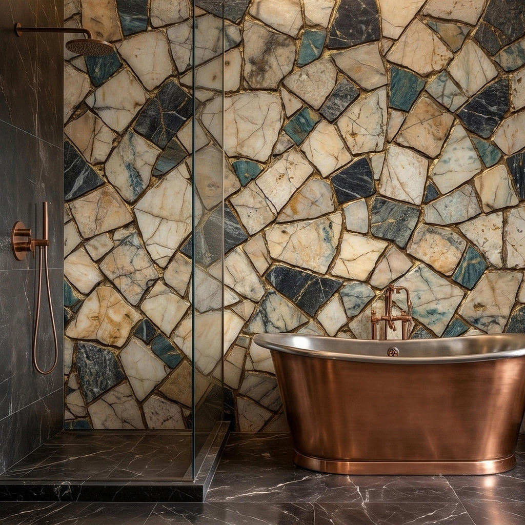 Kintsugi Marble Mosaic Peel and Stick Wall Mural, Broken Irregular Stone Tile Patchwork Pattern, Modern Luxury Faux Marble Texture Wallpaper