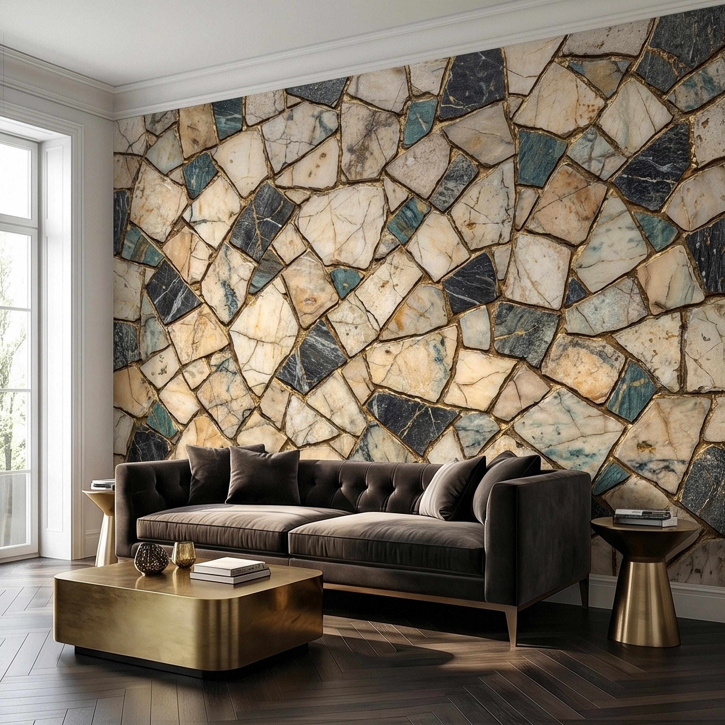 Kintsugi Marble Mosaic Peel and Stick Wall Mural, Broken Irregular Stone Tile Patchwork Pattern, Modern Luxury Faux Marble Texture Wallpaper