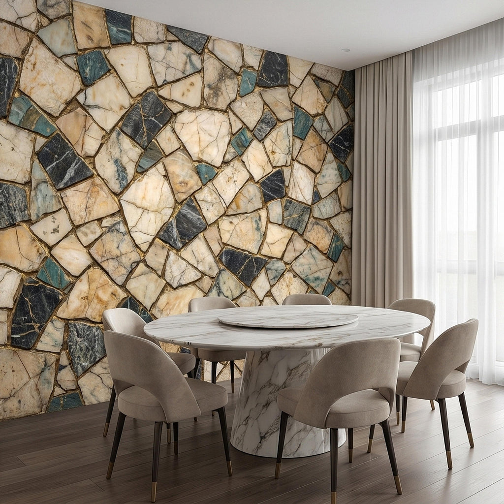 Kintsugi Marble Mosaic Peel and Stick Wall Mural, Broken Irregular Stone Tile Patchwork Pattern, Modern Luxury Faux Marble Texture Wallpaper