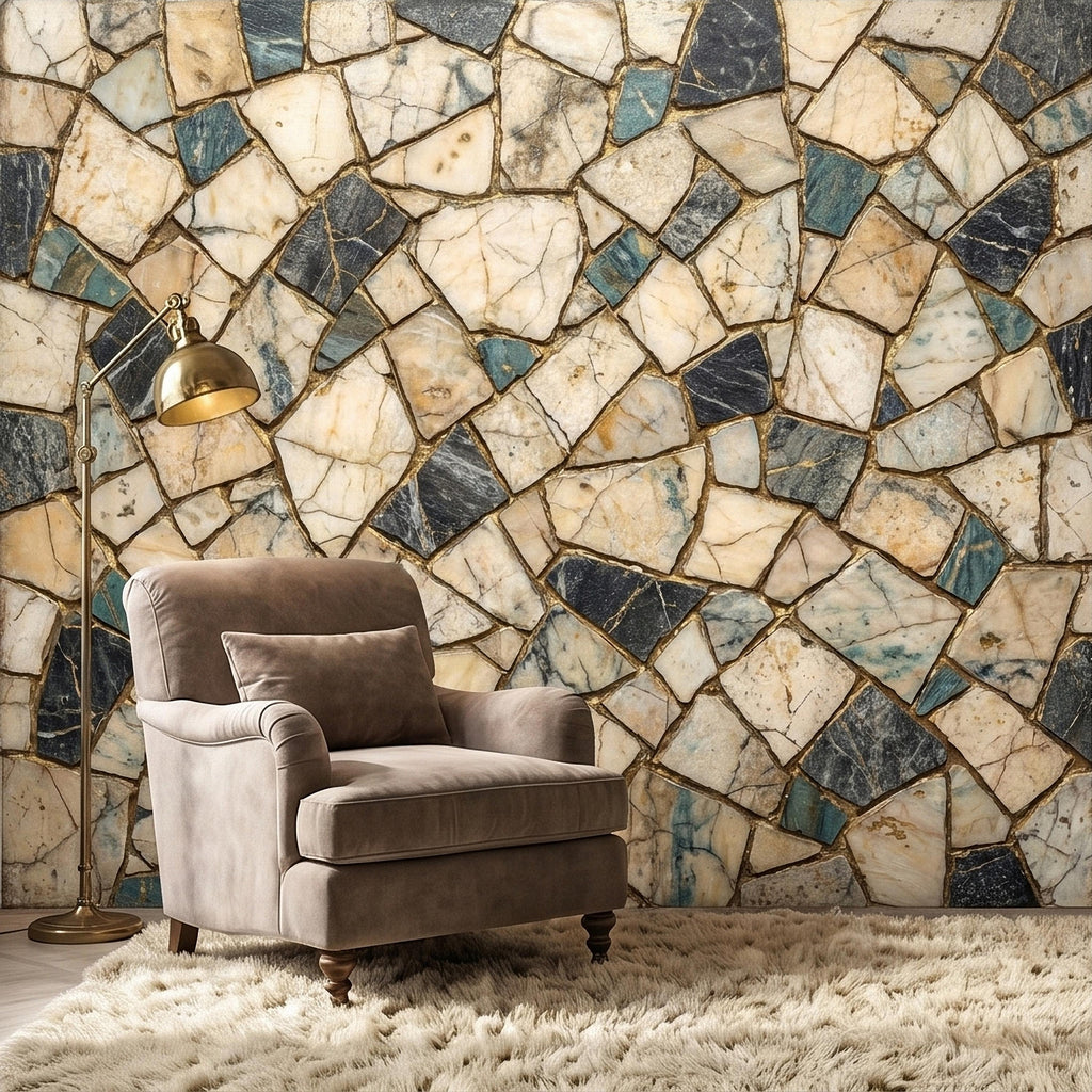 Kintsugi Marble Mosaic Peel and Stick Wall Mural, Broken Irregular Stone Tile Patchwork Pattern, Modern Luxury Faux Marble Texture Wallpaper