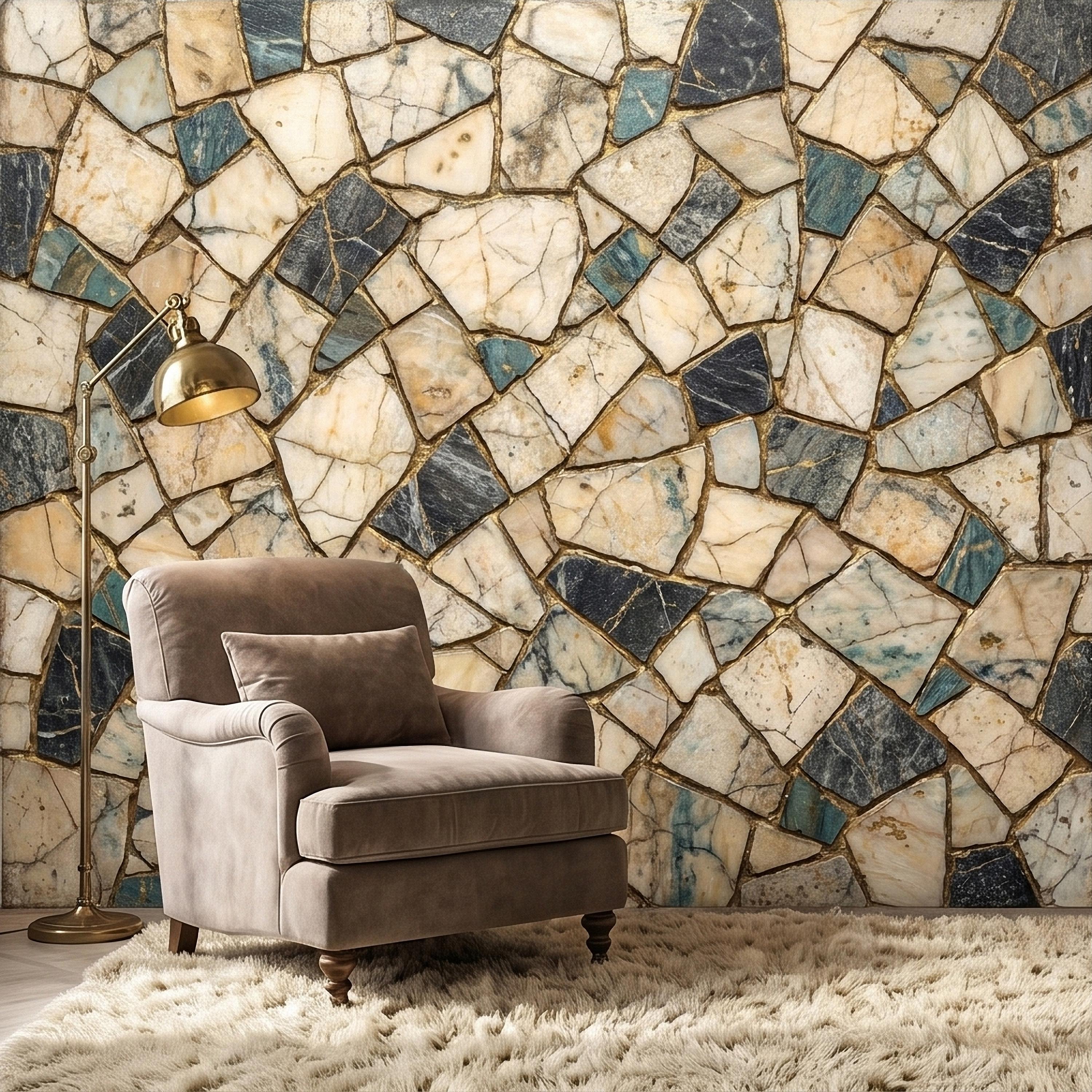 Kintsugi Marble Mosaic Peel and Stick Wall Mural, Broken Irregular Stone Tile Patchwork Pattern, Modern Luxury Faux Marble Texture Wallpaper