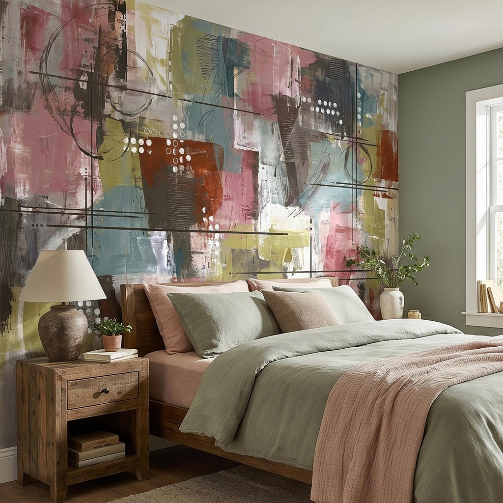 Abstract Geometric Peel and Stick Wall Mural, Mid Century Modern Color Block Painting, Blush Pink Teal Olive Rust Textured Wallpaper