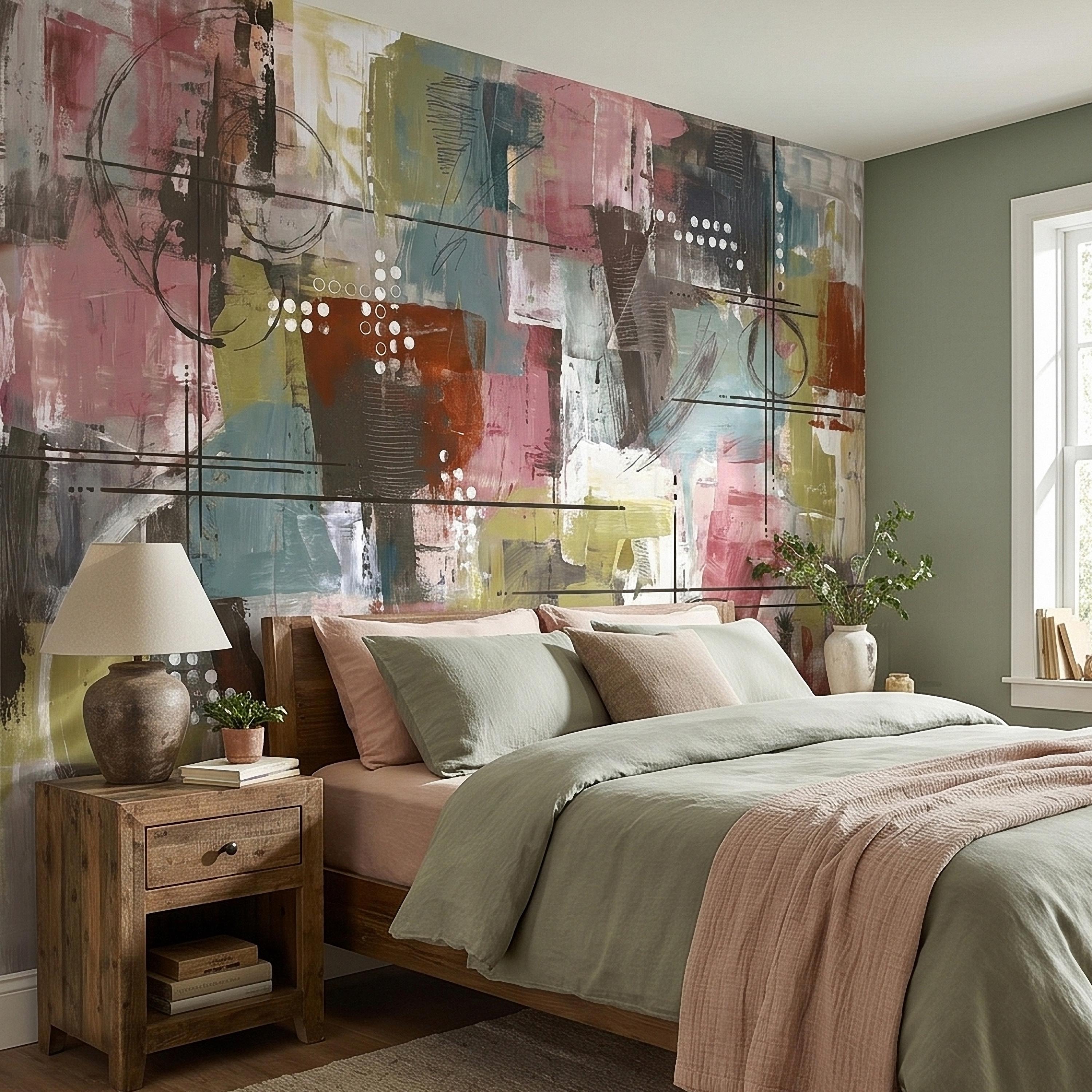 Abstract Geometric Peel and Stick Wall Mural, Mid Century Modern Color Block Painting, Blush Pink Teal Olive Rust Textured Wallpaper