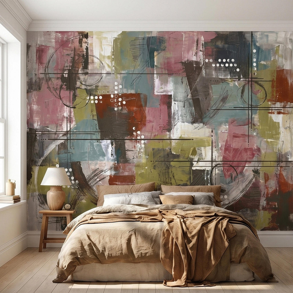 Abstract Geometric Peel and Stick Wall Mural, Mid Century Modern Color Block Painting, Blush Pink Teal Olive Rust Textured Wallpaper