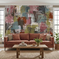 Abstract Geometric Peel and Stick Wall Mural, Mid Century Modern Color Block Painting, Blush Pink Teal Olive Rust Textured Wallpaper