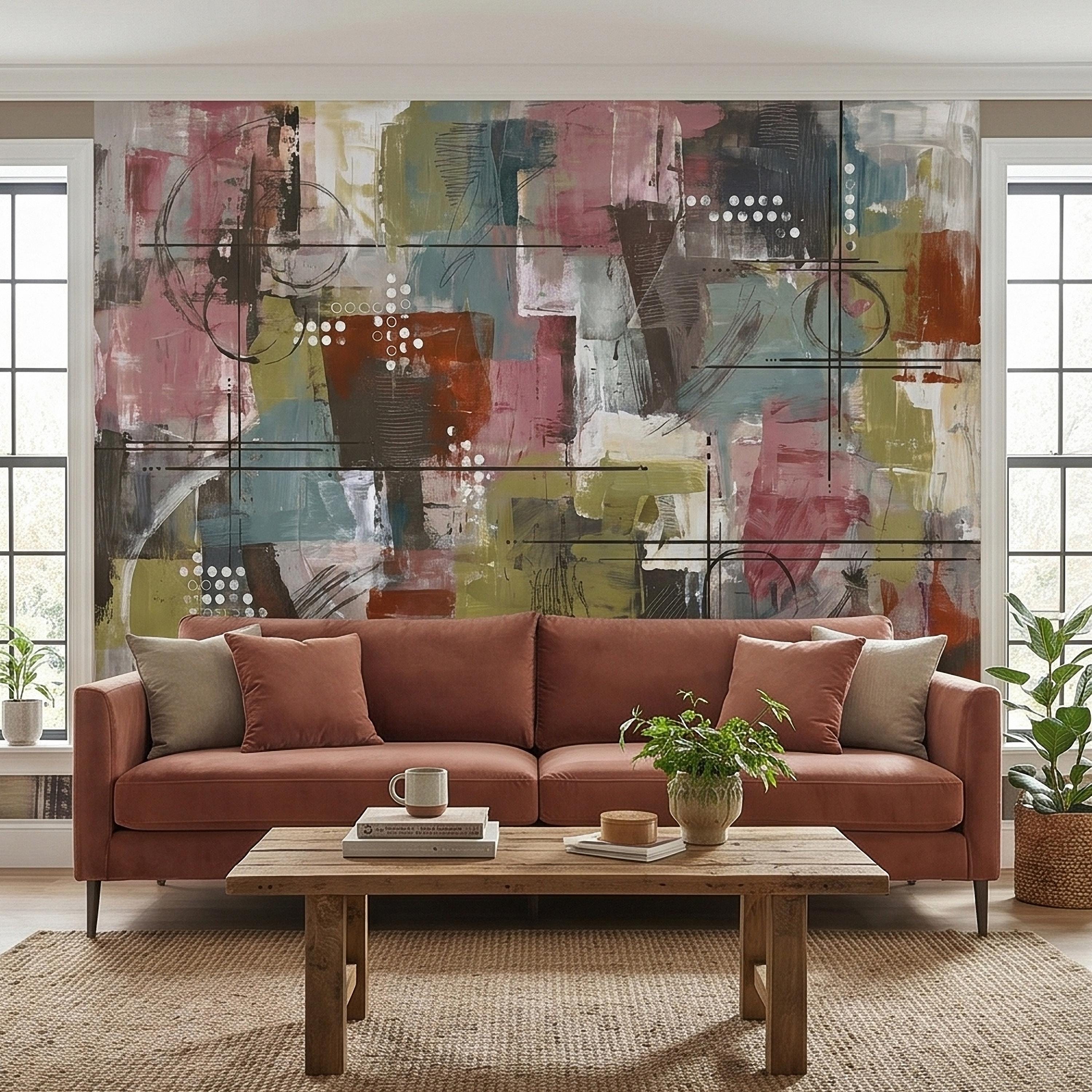 Abstract Geometric Peel and Stick Wall Mural, Mid Century Modern Color Block Painting, Blush Pink Teal Olive Rust Textured Wallpaper