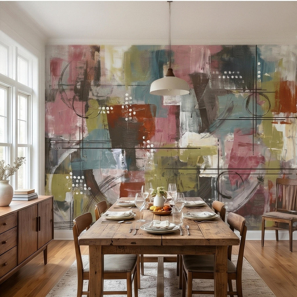 Abstract Geometric Peel and Stick Wall Mural, Mid Century Modern Color Block Painting, Blush Pink Teal Olive Rust Textured Wallpaper