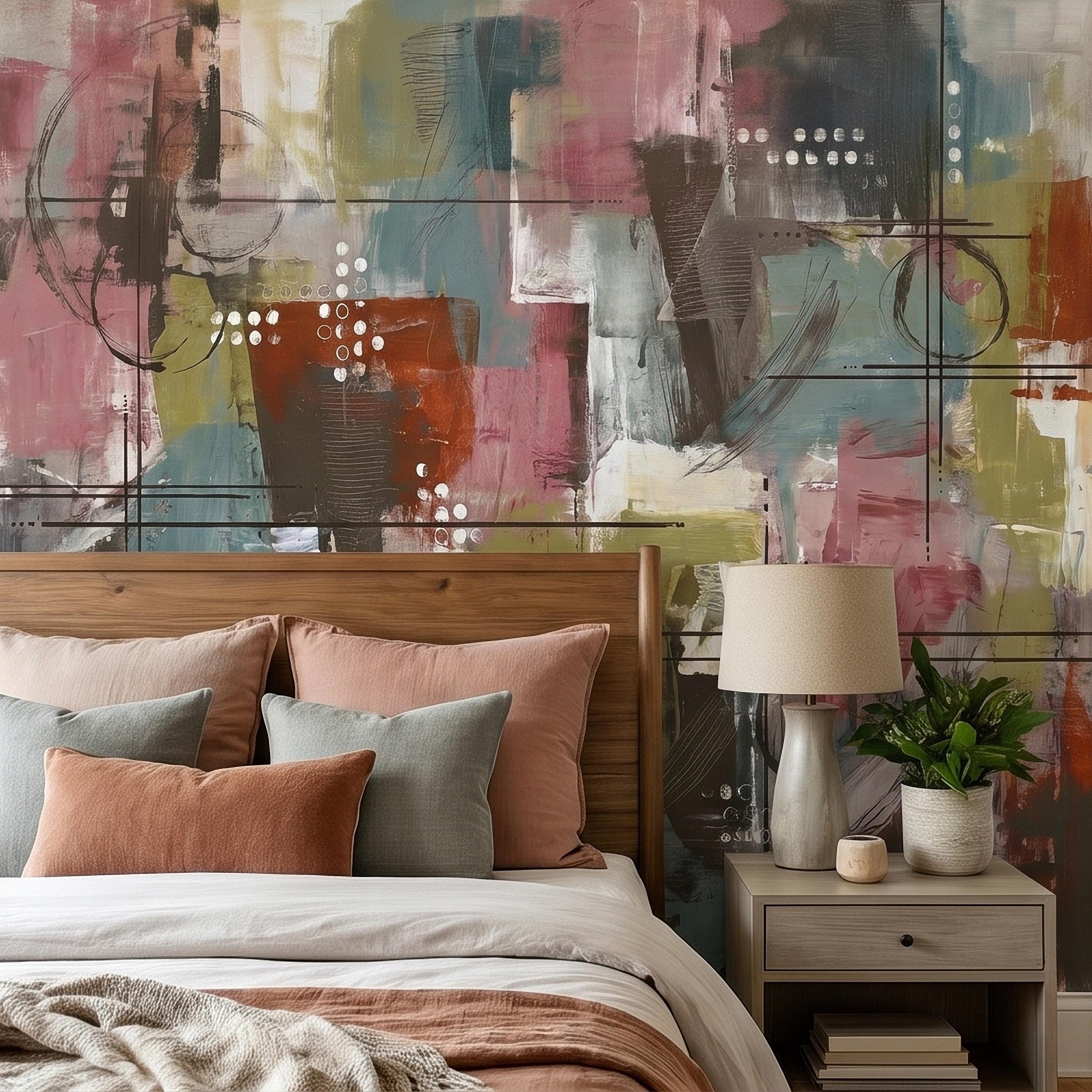 Abstract Geometric Peel and Stick Wall Mural, Mid Century Modern Color Block Painting, Blush Pink Teal Olive Rust Textured Wallpaper
