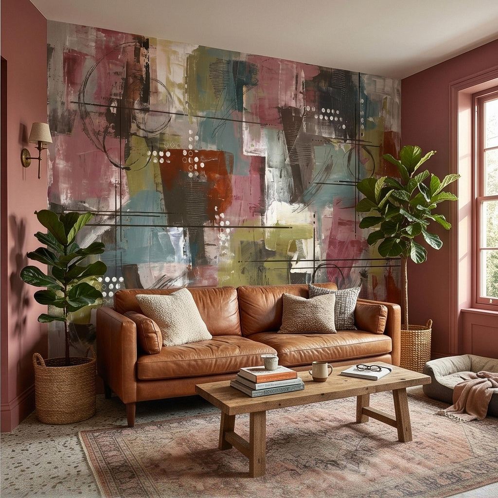 Abstract Geometric Peel and Stick Wall Mural, Mid Century Modern Color Block Painting, Blush Pink Teal Olive Rust Textured Wallpaper