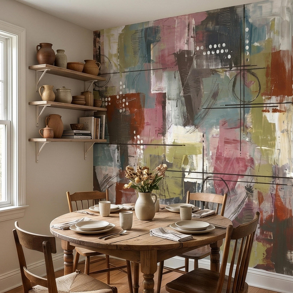 Abstract Geometric Peel and Stick Wall Mural, Mid Century Modern Color Block Painting, Blush Pink Teal Olive Rust Textured Wallpaper
