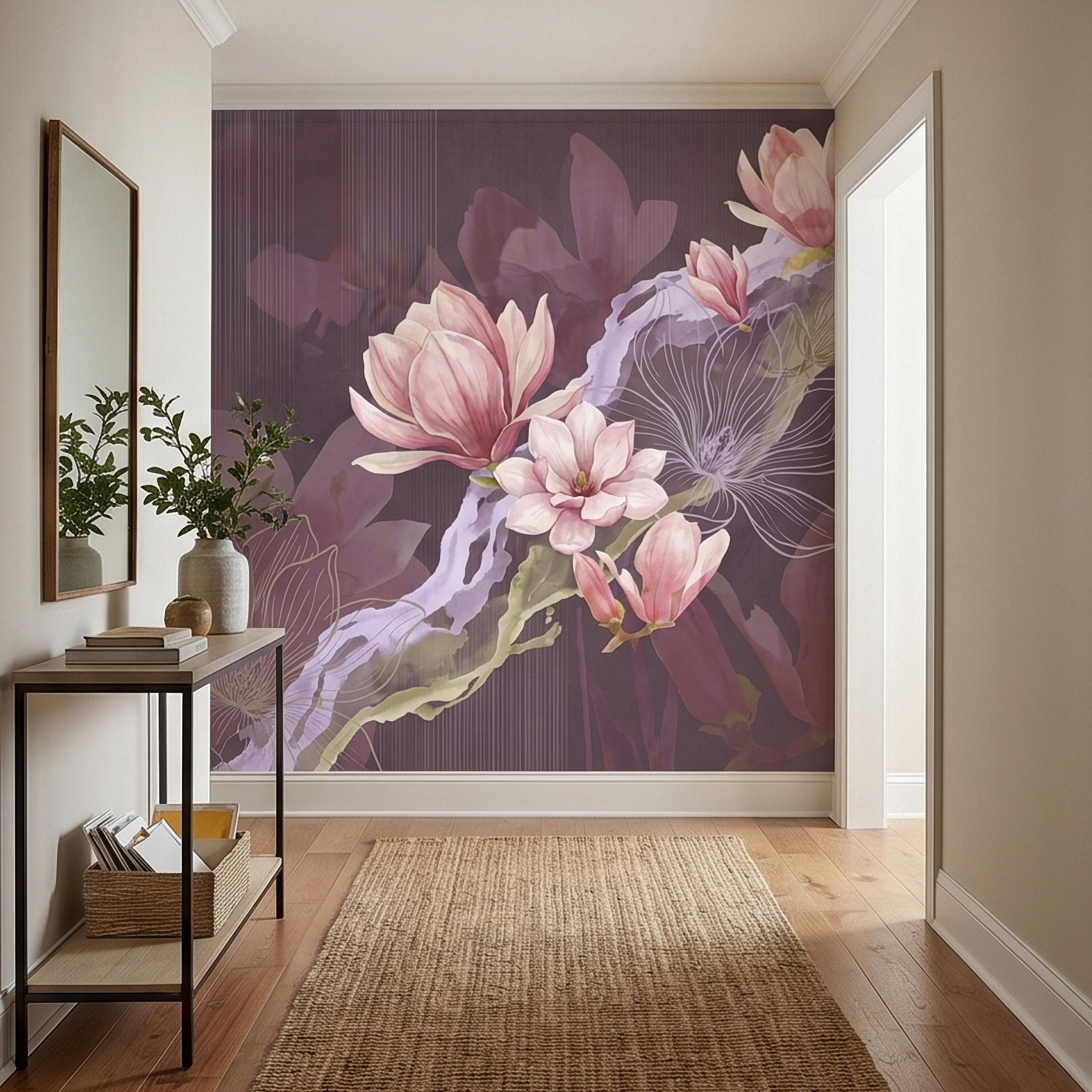 Pink Magnolia Watercolor Peel and Stick Wall Mural, Plum Purple Mauve Large Abstract Floral Line Drawing Modern Botanical Blossoms Wallpaper