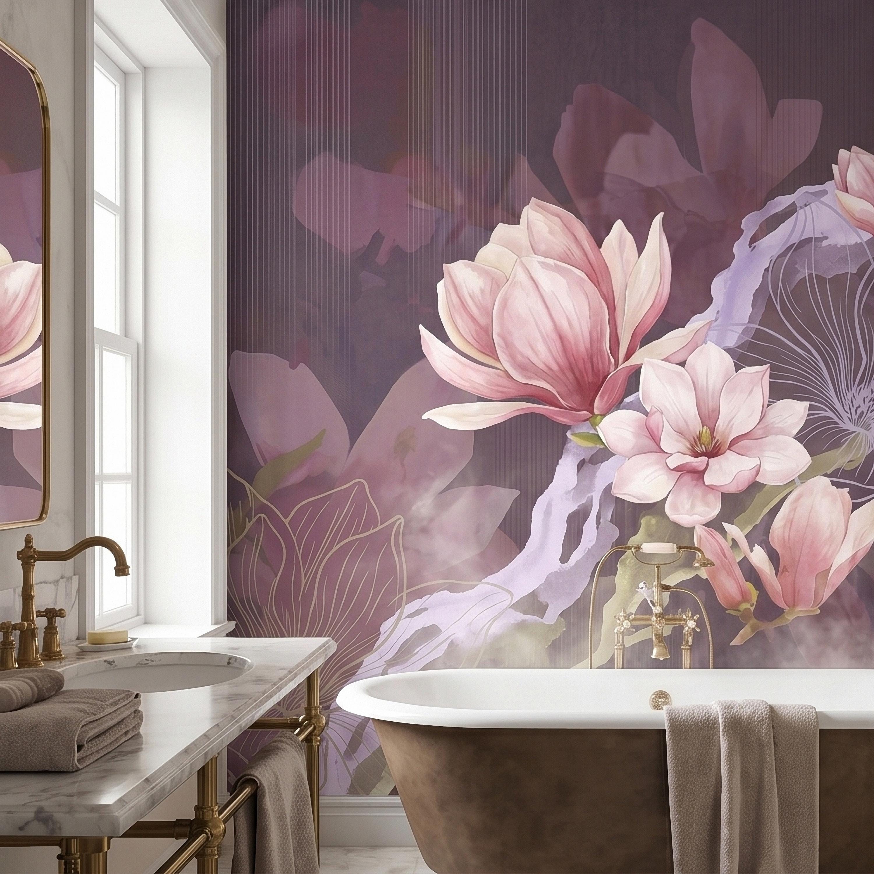Pink Magnolia Watercolor Peel and Stick Wall Mural, Plum Purple Mauve Large Abstract Floral Line Drawing Modern Botanical Blossoms Wallpaper