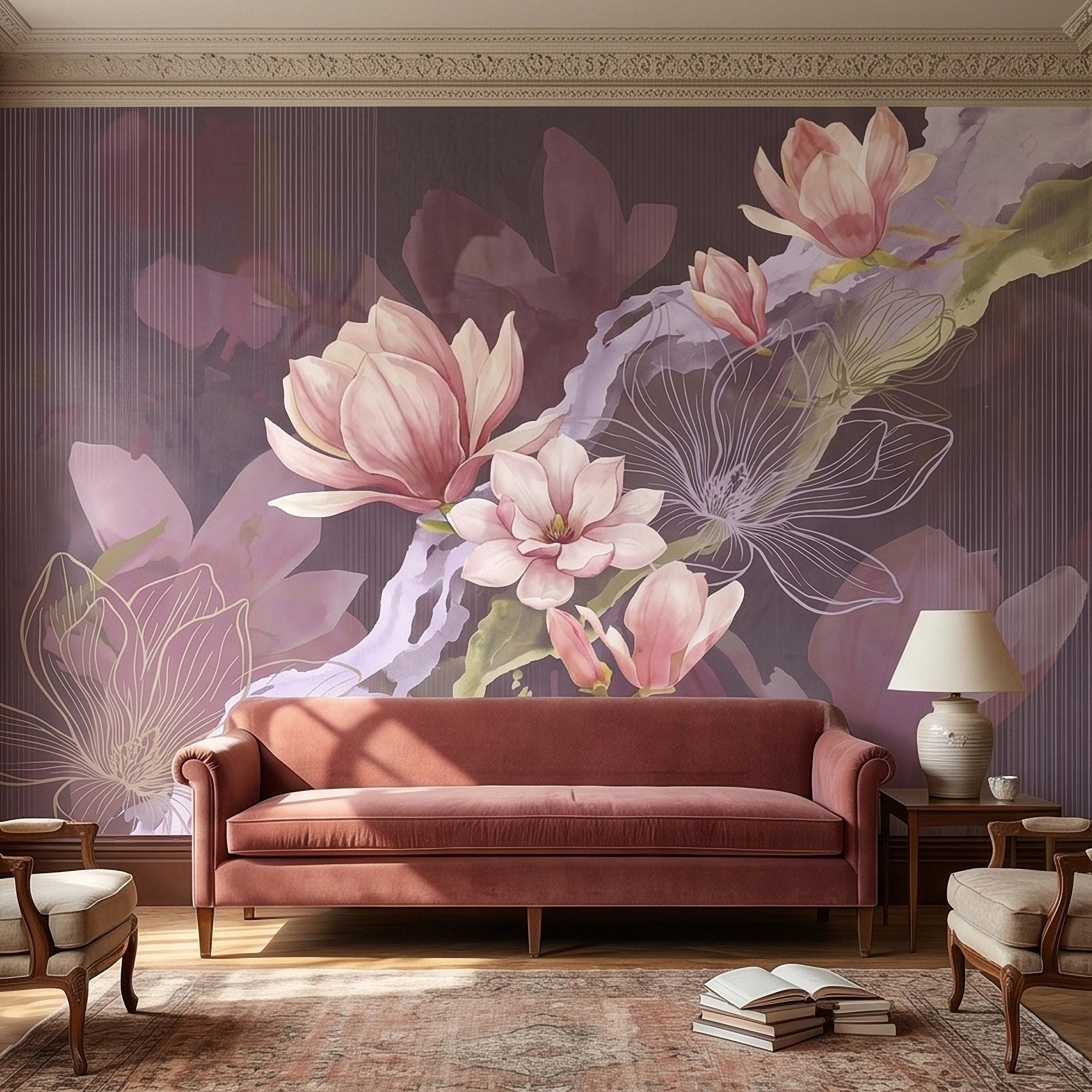 Pink Magnolia Watercolor Peel and Stick Wall Mural, Plum Purple Mauve Large Abstract Floral Line Drawing Modern Botanical Blossoms Wallpaper
