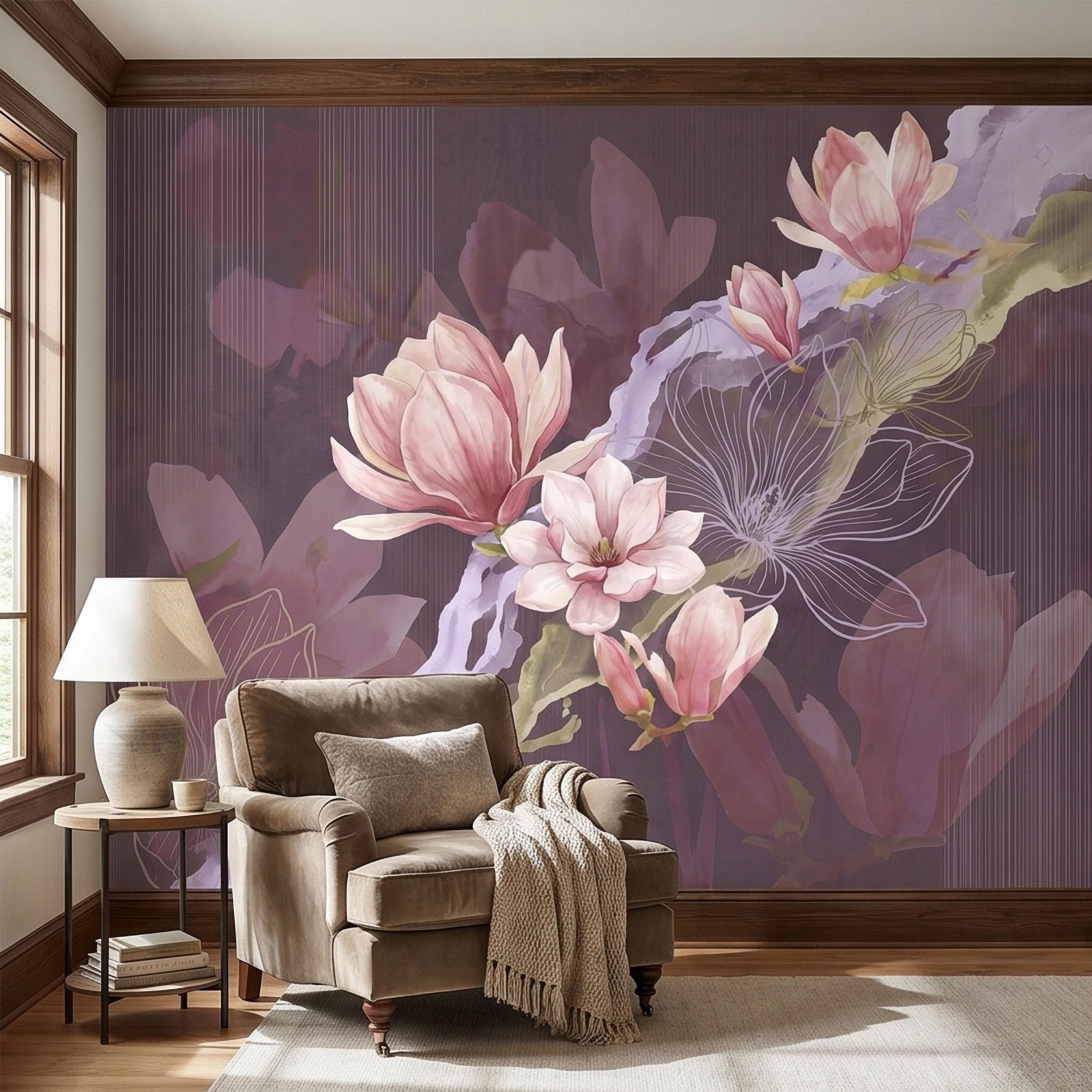 Pink Magnolia Watercolor Peel and Stick Wall Mural, Plum Purple Mauve Large Abstract Floral Line Drawing Modern Botanical Blossoms Wallpaper