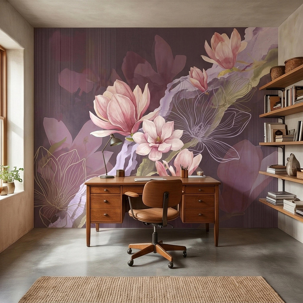 Pink Magnolia Watercolor Peel and Stick Wall Mural, Plum Purple Mauve Large Abstract Floral Line Drawing Modern Botanical Blossoms Wallpaper