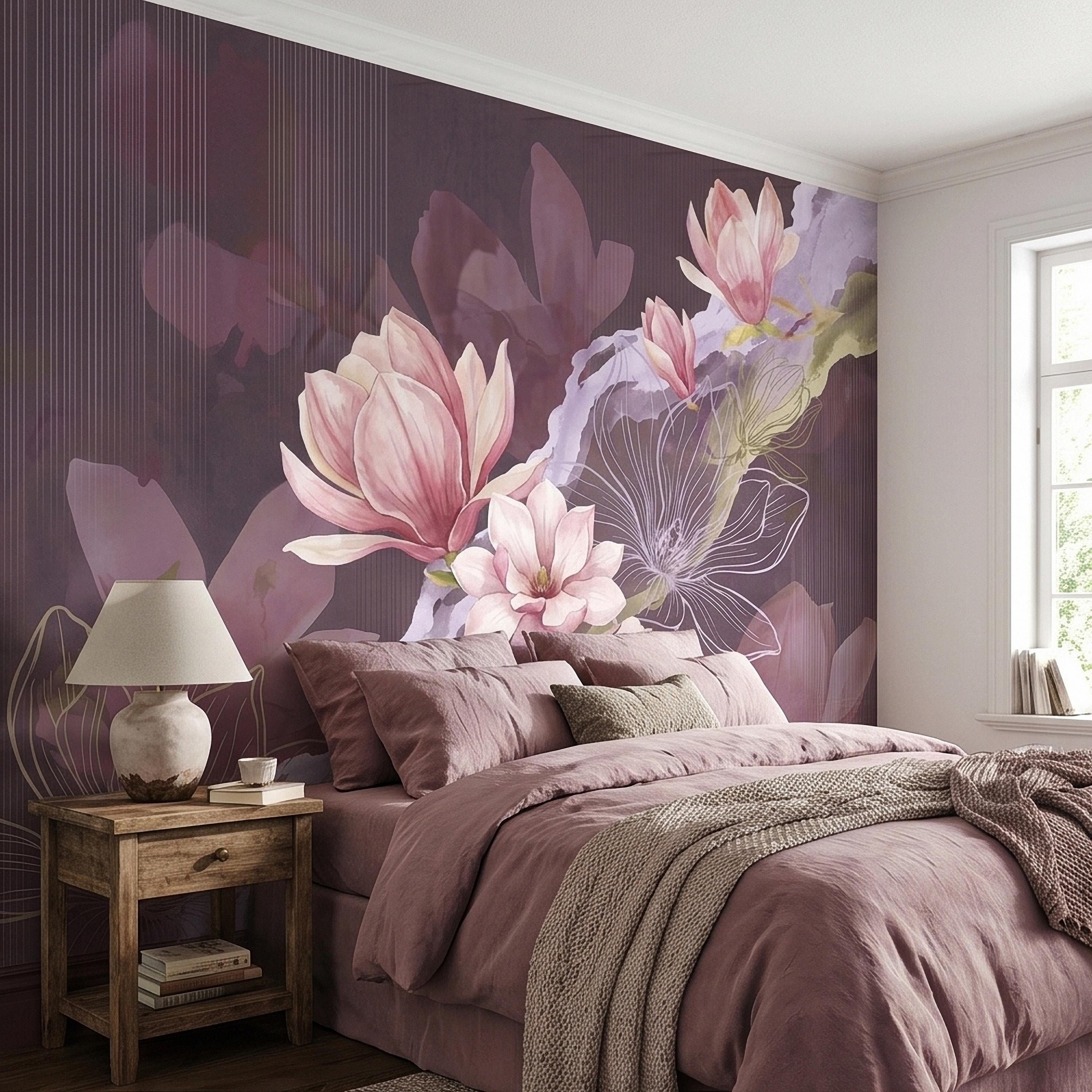 Pink Magnolia Watercolor Peel and Stick Wall Mural, Plum Purple Mauve Large Abstract Floral Line Drawing Modern Botanical Blossoms Wallpaper