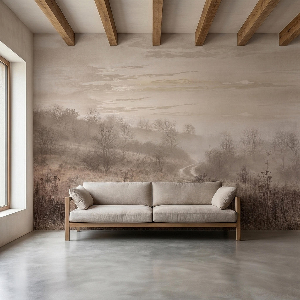 Misty Meadow Peel and Stick Wall Mural, Soft Neutral Foggy Landscape with Winding Path, Minimalist Rustic Countryside Scenic Wallpaper