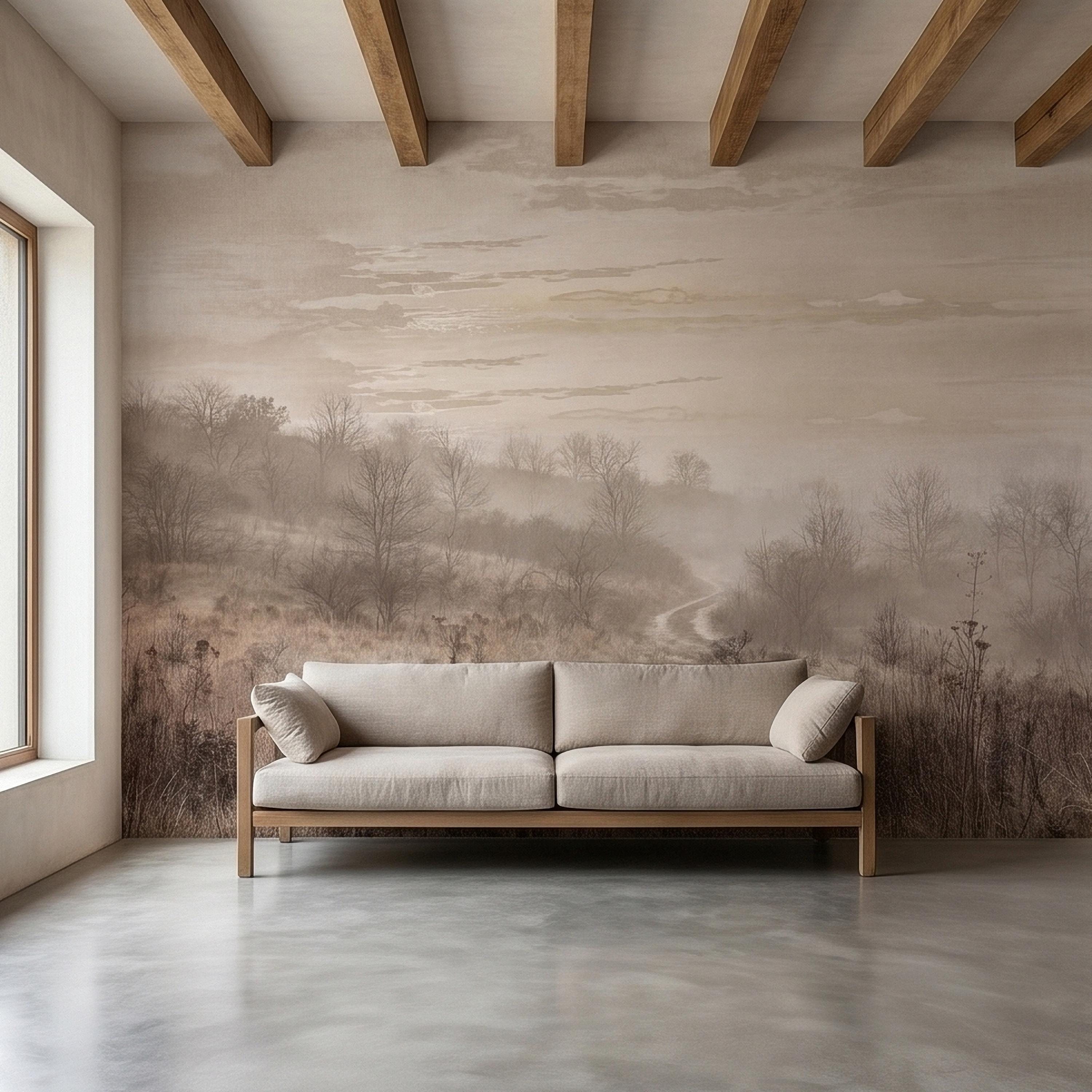 Misty Meadow Peel and Stick Wall Mural, Soft Neutral Foggy Landscape with Winding Path, Minimalist Rustic Countryside Scenic Wallpaper