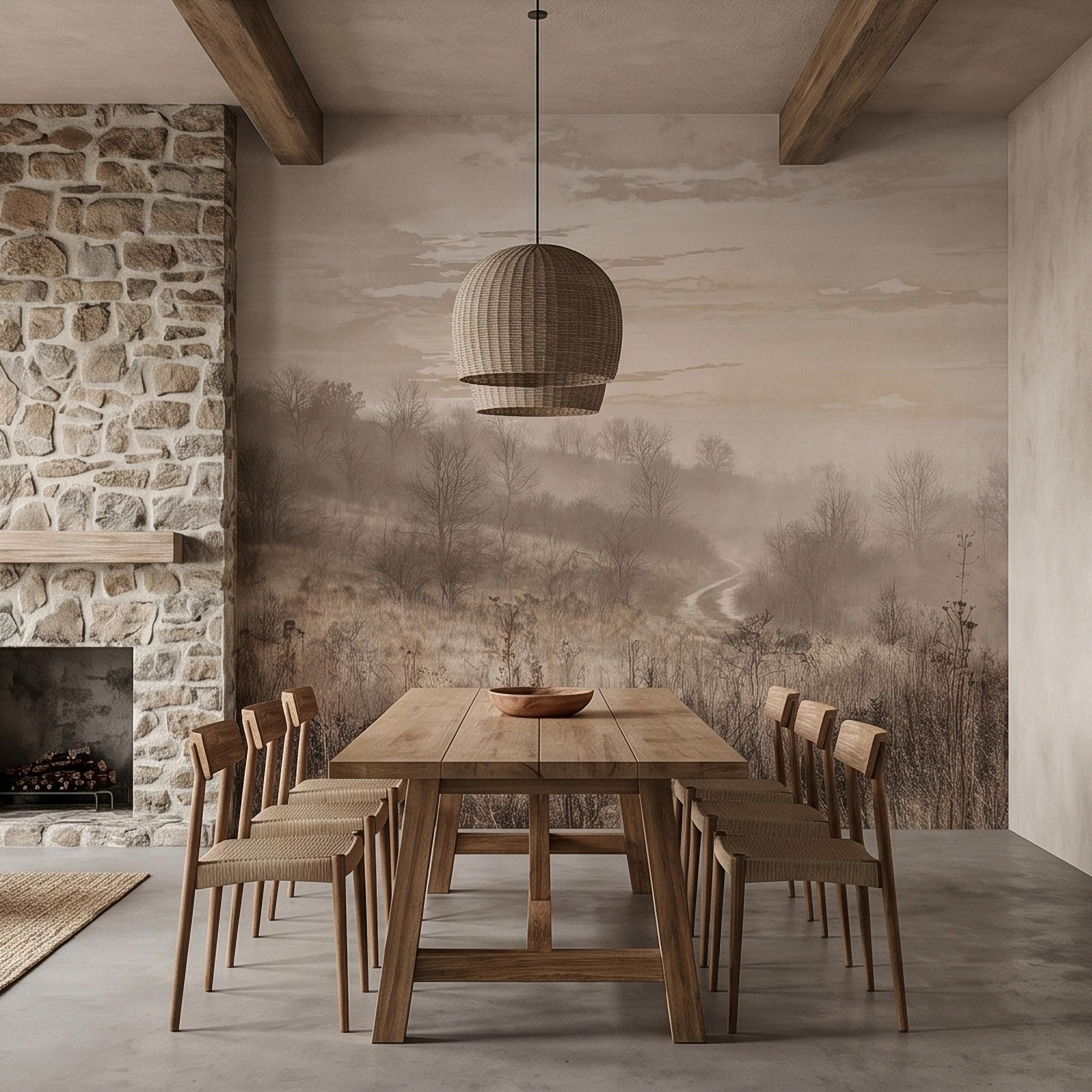 Misty Meadow Peel and Stick Wall Mural, Soft Neutral Foggy Landscape with Winding Path, Minimalist Rustic Countryside Scenic Wallpaper