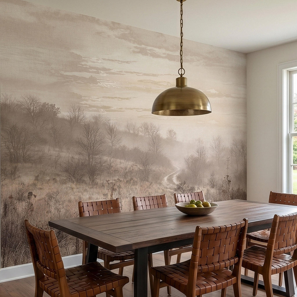 Misty Meadow Peel and Stick Wall Mural, Soft Neutral Foggy Landscape with Winding Path, Minimalist Rustic Countryside Scenic Wallpaper