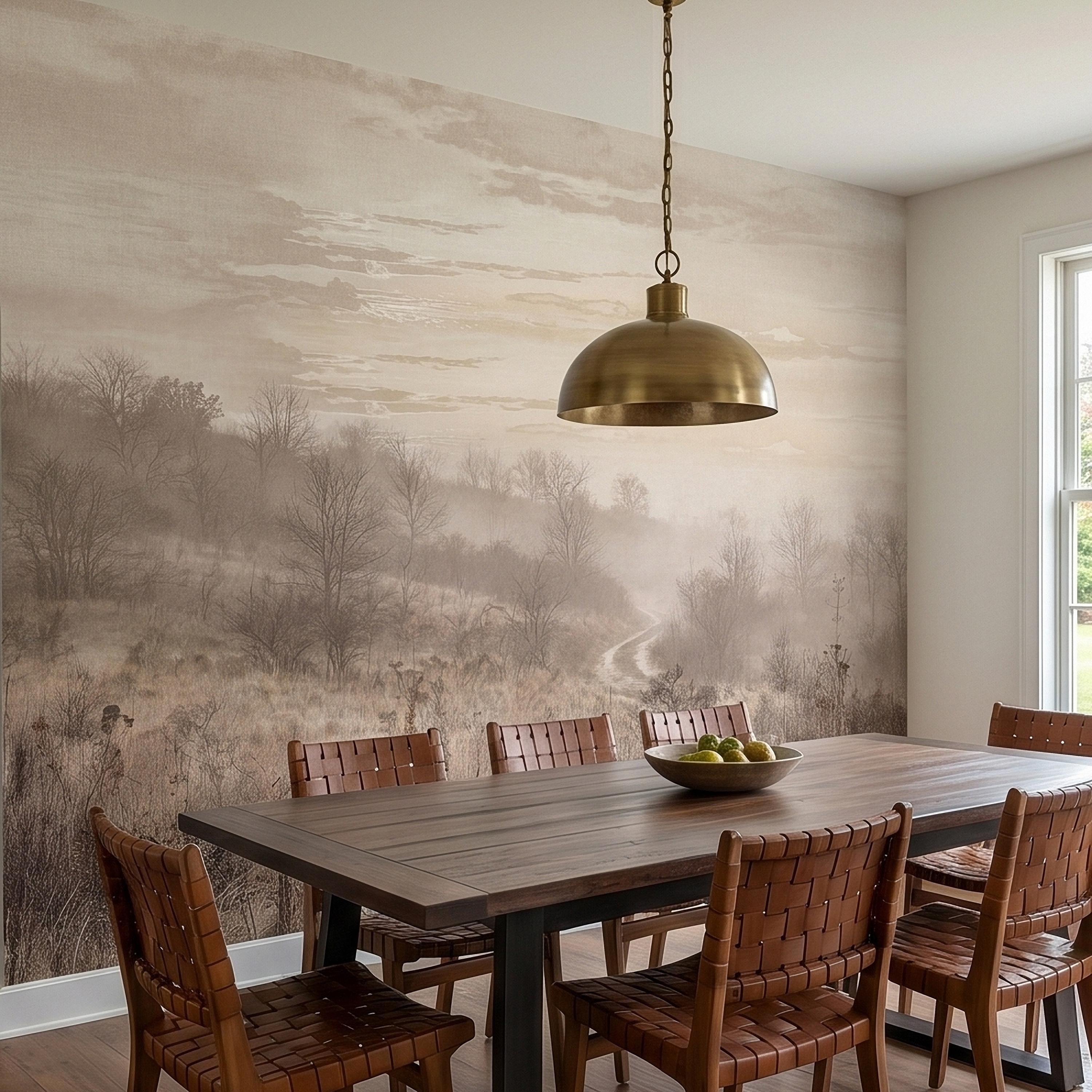 Misty Meadow Peel and Stick Wall Mural, Soft Neutral Foggy Landscape with Winding Path, Minimalist Rustic Countryside Scenic Wallpaper