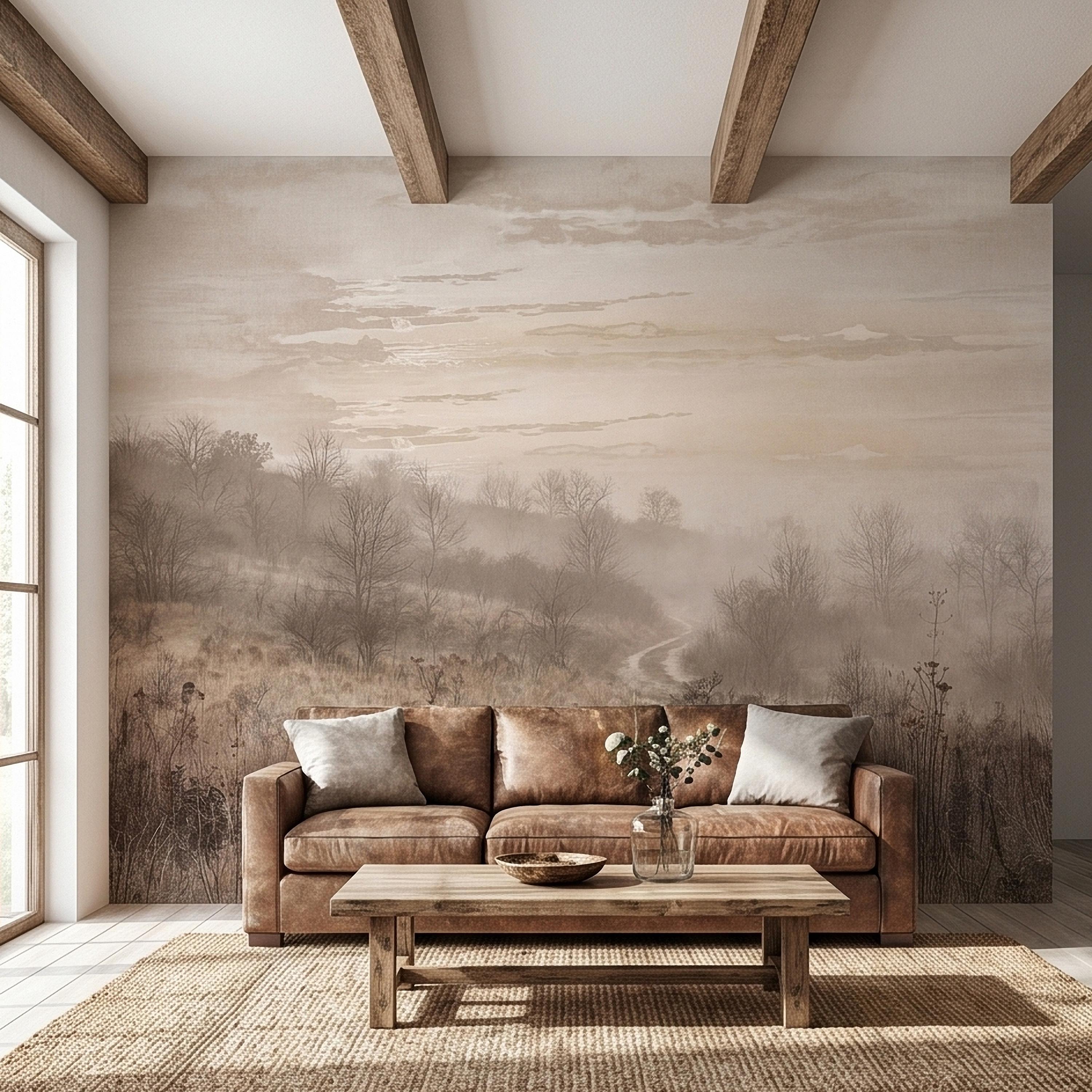 Misty Meadow Peel and Stick Wall Mural, Soft Neutral Foggy Landscape with Winding Path, Minimalist Rustic Countryside Scenic Wallpaper