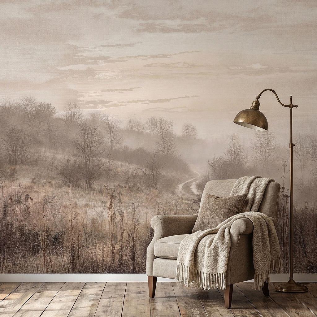 Misty Meadow Peel and Stick Wall Mural, Soft Neutral Foggy Landscape with Winding Path, Minimalist Rustic Countryside Scenic Wallpaper