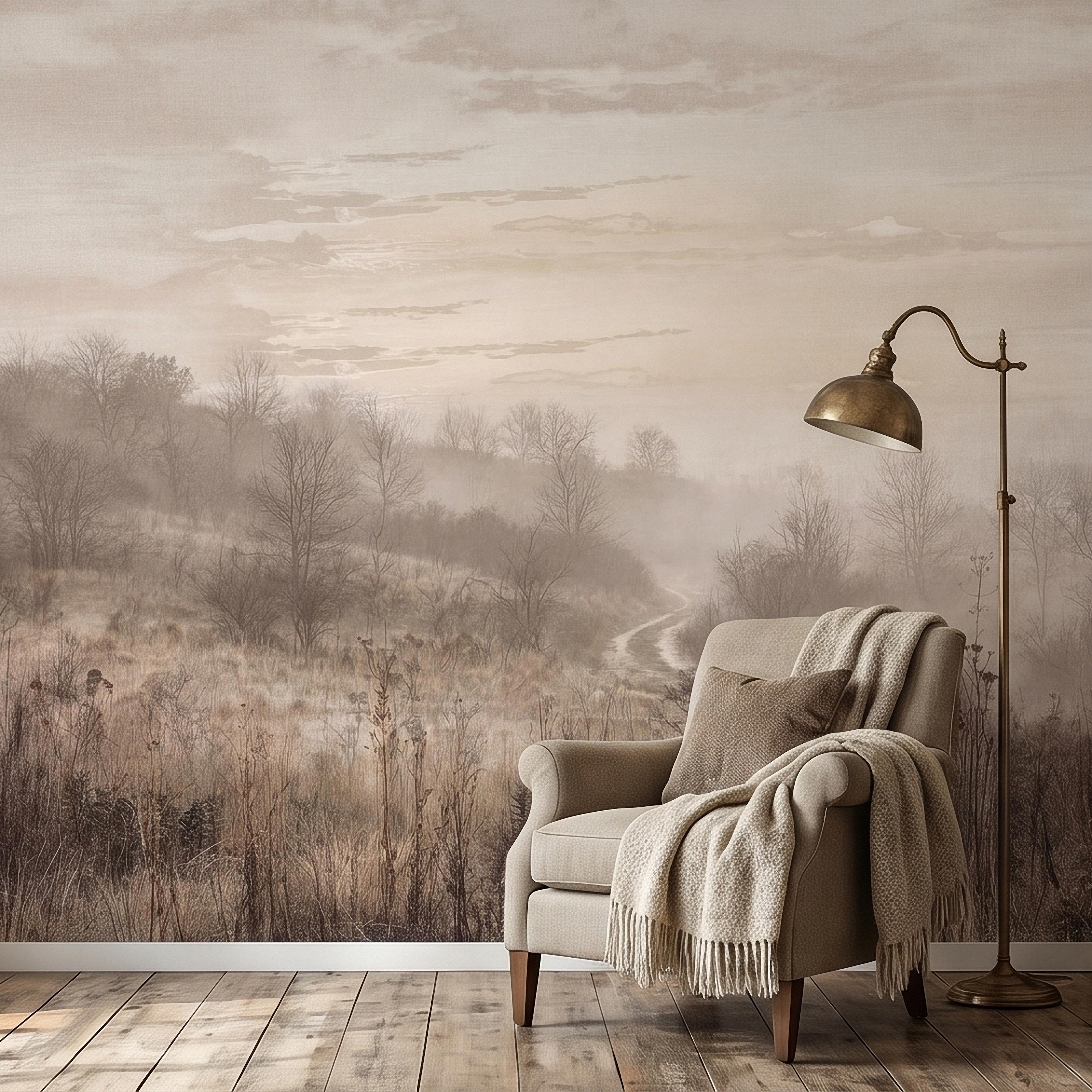 Misty Meadow Peel and Stick Wall Mural, Soft Neutral Foggy Landscape with Winding Path, Minimalist Rustic Countryside Scenic Wallpaper