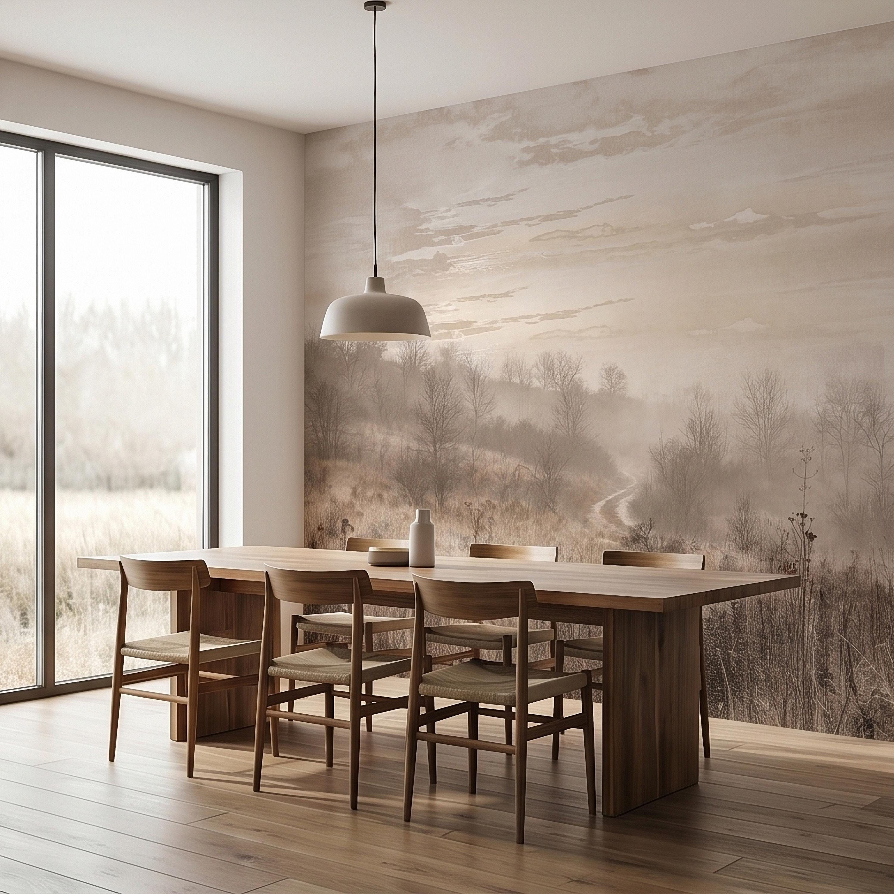 Misty Meadow Peel and Stick Wall Mural, Soft Neutral Foggy Landscape with Winding Path, Minimalist Rustic Countryside Scenic Wallpaper