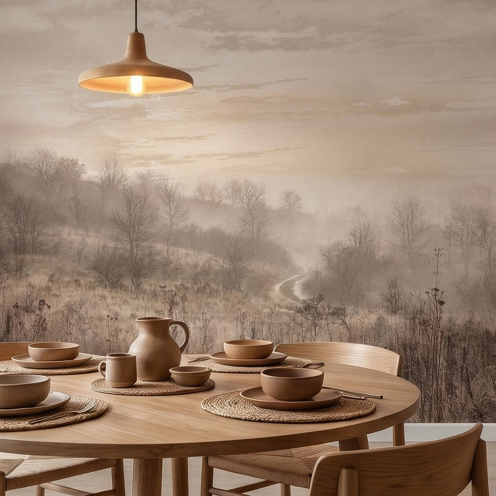 Misty Meadow Peel and Stick Wall Mural, Soft Neutral Foggy Landscape with Winding Path, Minimalist Rustic Countryside Scenic Wallpaper