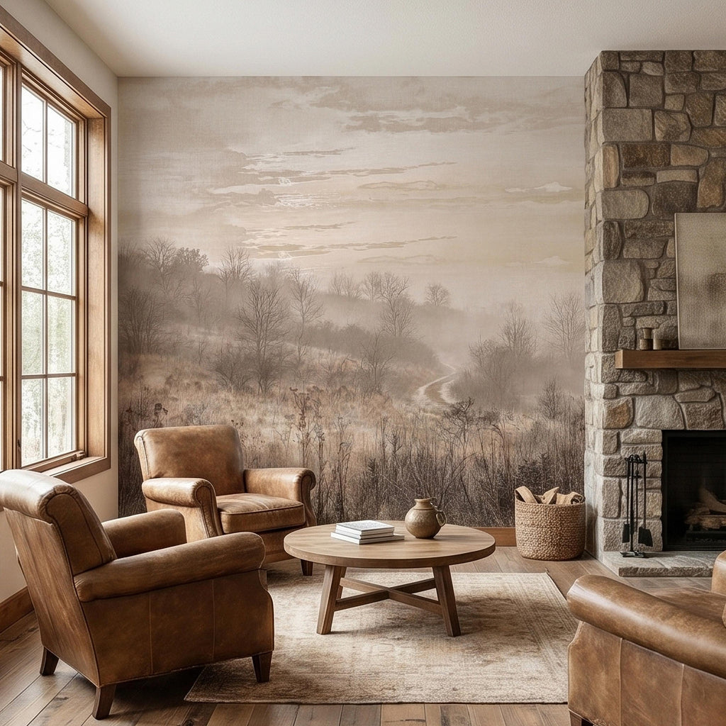 Misty Meadow Peel and Stick Wall Mural, Soft Neutral Foggy Landscape with Winding Path, Minimalist Rustic Countryside Scenic Wallpaper