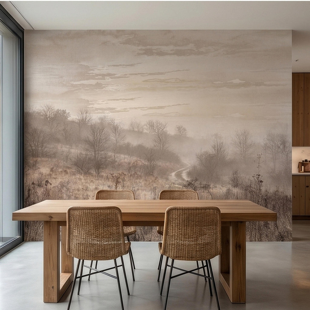 Misty Meadow Peel and Stick Wall Mural, Soft Neutral Foggy Landscape with Winding Path, Minimalist Rustic Countryside Scenic Wallpaper