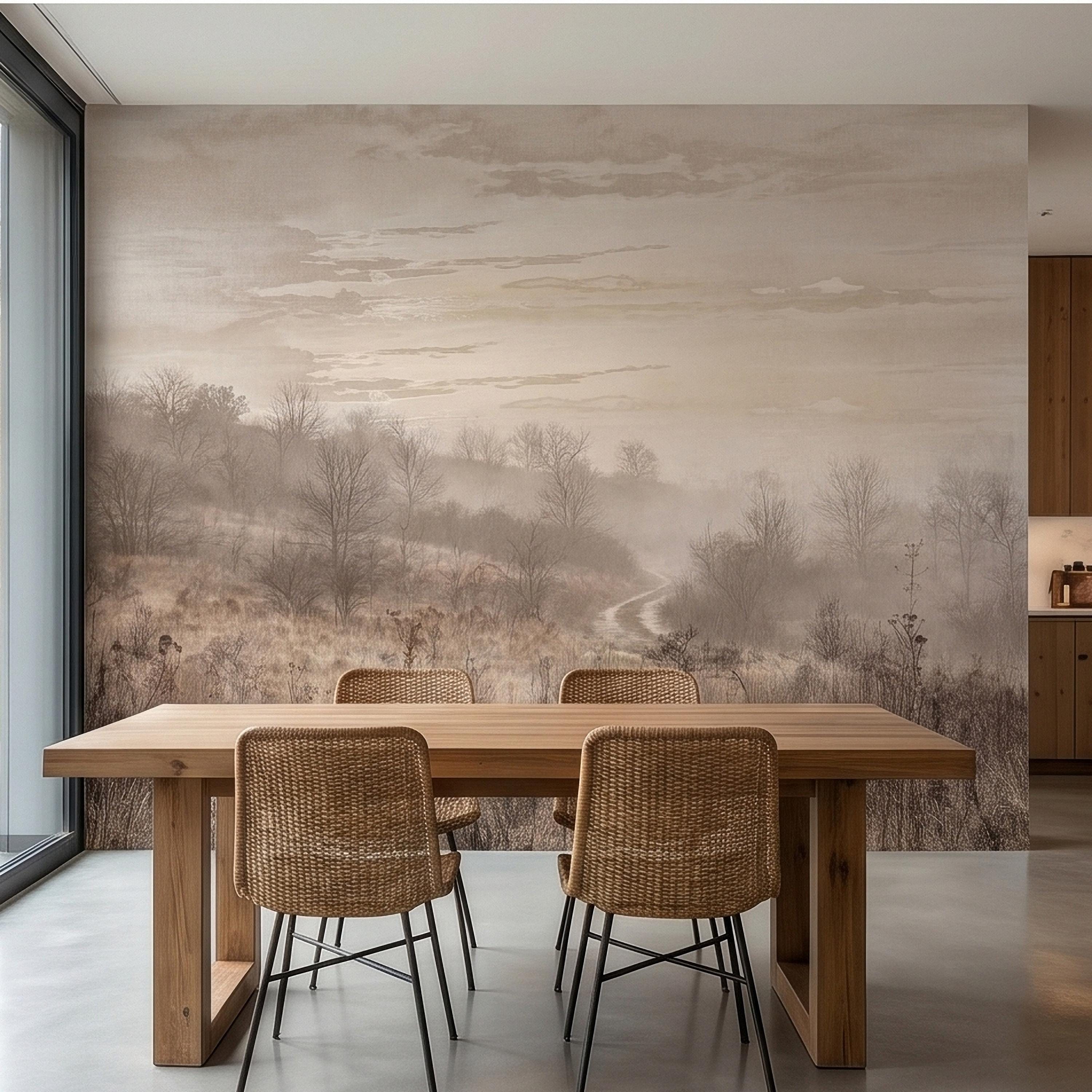 Misty Meadow Peel and Stick Wall Mural, Soft Neutral Foggy Landscape with Winding Path, Minimalist Rustic Countryside Scenic Wallpaper
