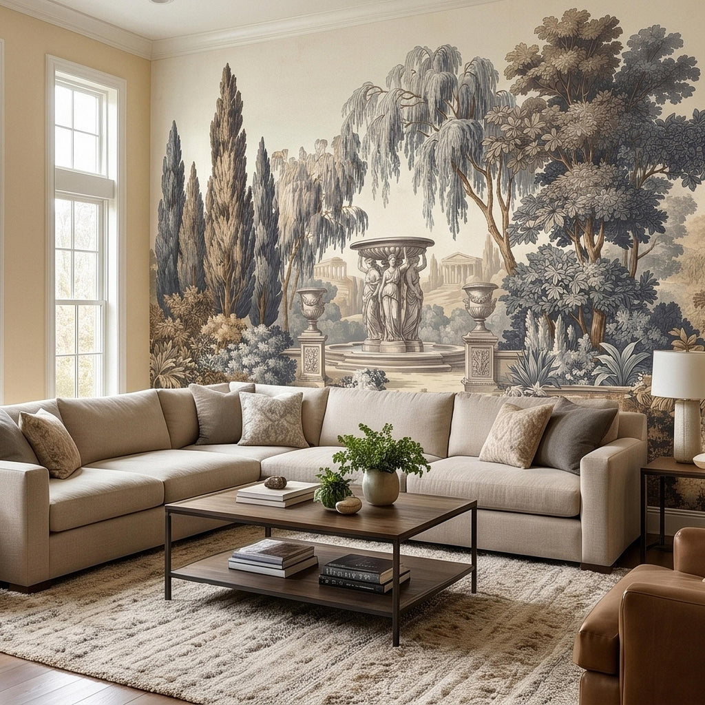 Vintage Scenic Garden Peel and Stick Wall Mural, Classical Fountain Statues, Cypress and Willow Trees, French Toile Neutral Beige Wallpaper