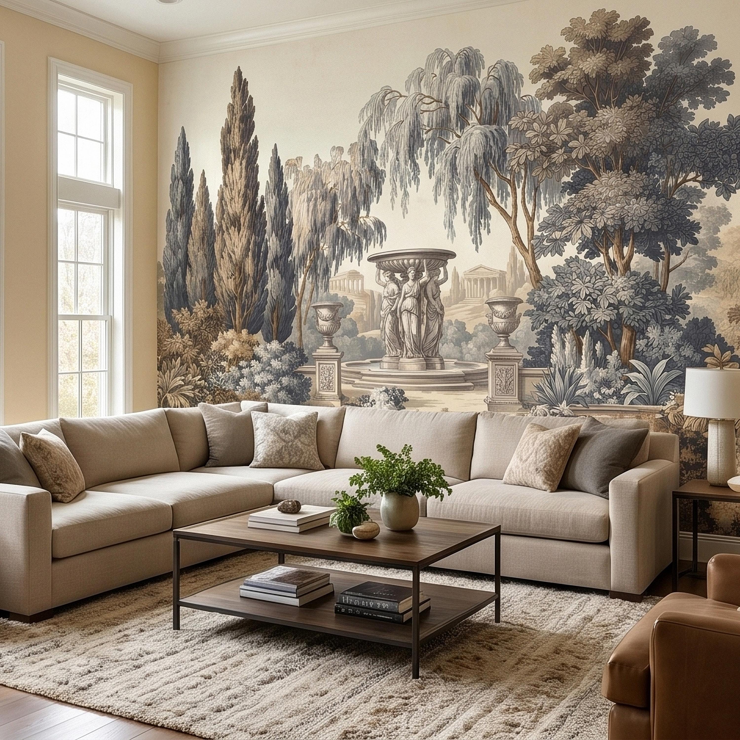 Vintage Scenic Garden Peel and Stick Wall Mural, Classical Fountain Statues, Cypress and Willow Trees, French Toile Neutral Beige Wallpaper
