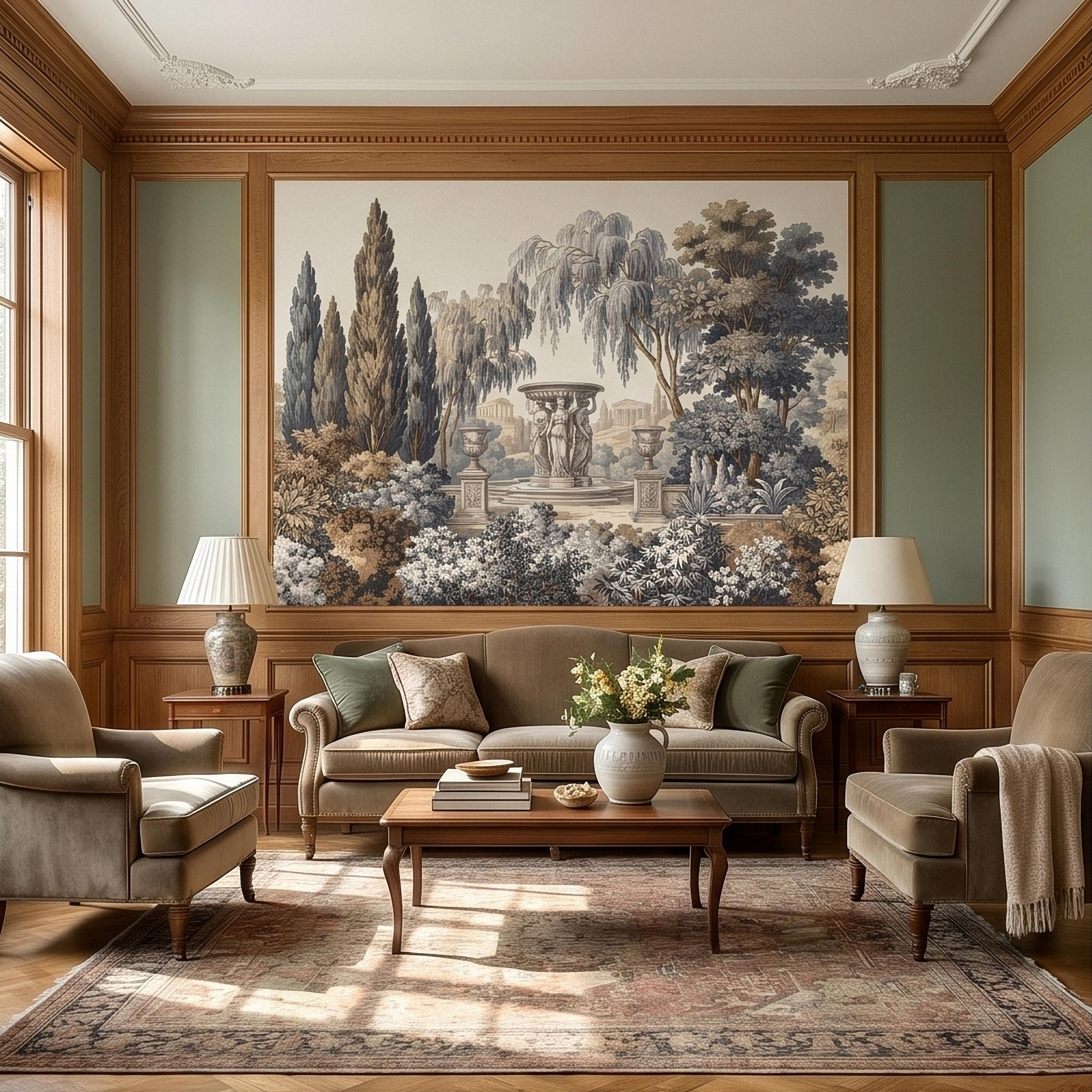 Vintage Scenic Garden Peel and Stick Wall Mural, Classical Fountain Statues, Cypress and Willow Trees, French Toile Neutral Beige Wallpaper