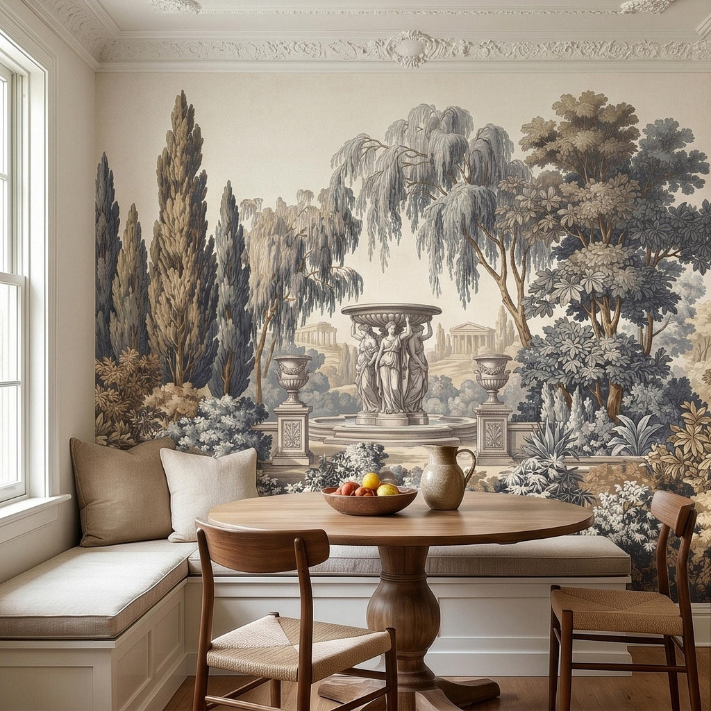 Vintage Scenic Garden Peel and Stick Wall Mural, Classical Fountain Statues, Cypress and Willow Trees, French Toile Neutral Beige Wallpaper