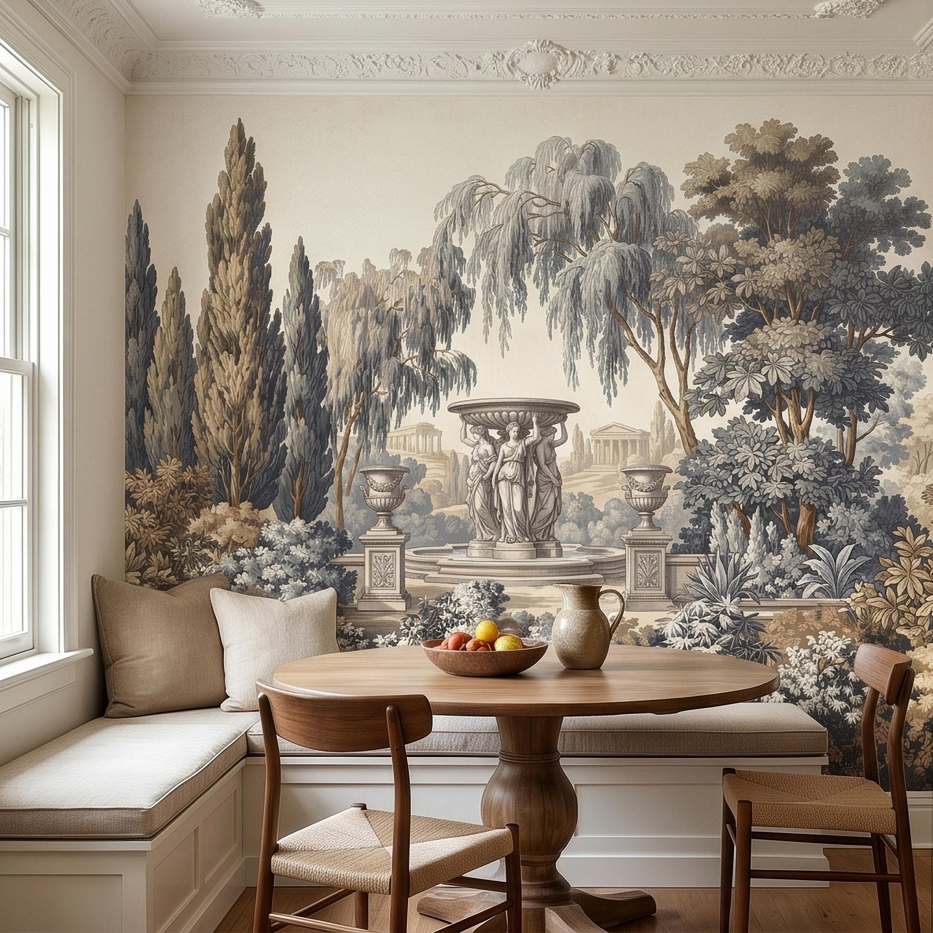Vintage Scenic Garden Peel and Stick Wall Mural, Classical Fountain Statues, Cypress and Willow Trees, French Toile Neutral Beige Wallpaper