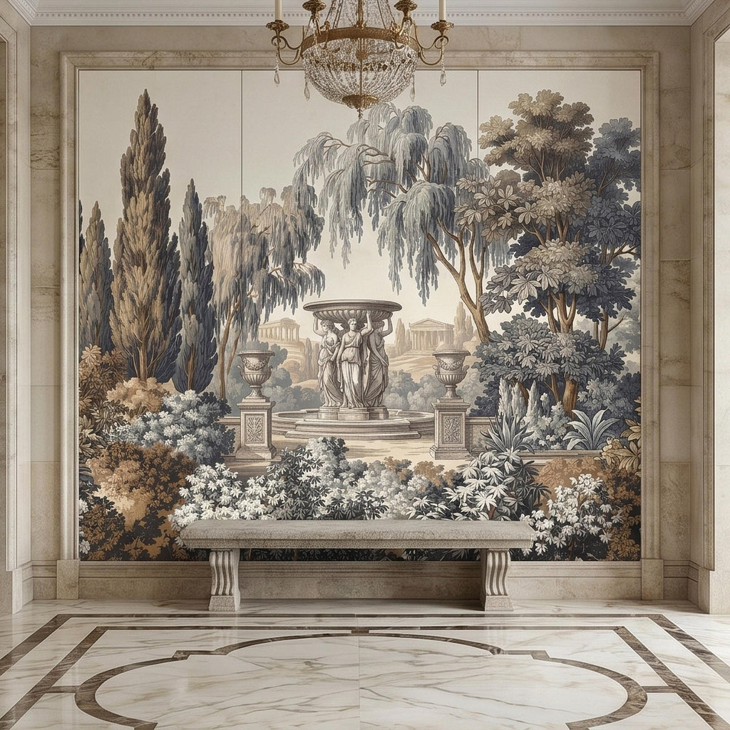 Vintage Scenic Garden Peel and Stick Wall Mural, Classical Fountain Statues, Cypress and Willow Trees, French Toile Neutral Beige Wallpaper