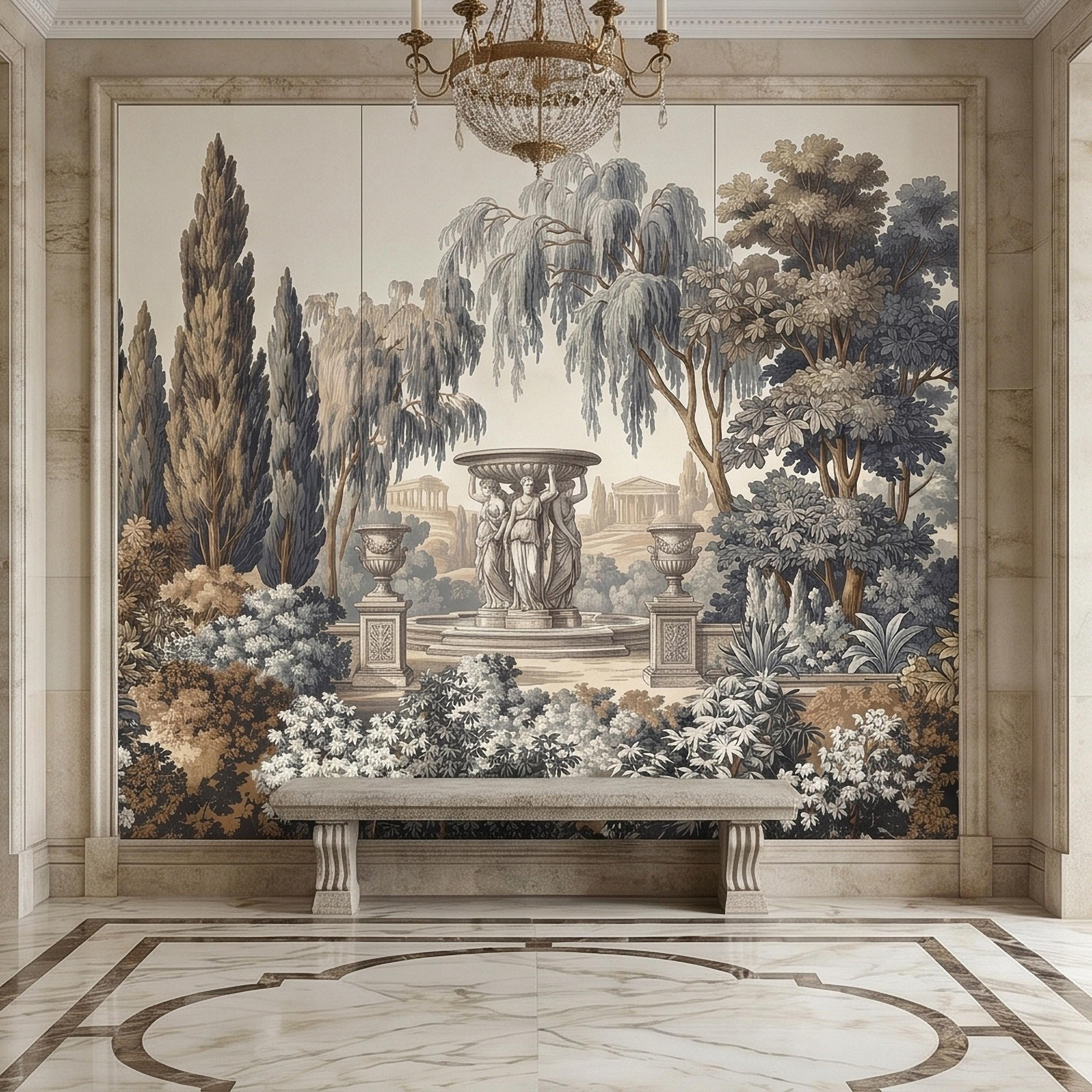 Vintage Scenic Garden Peel and Stick Wall Mural, Classical Fountain Statues, Cypress and Willow Trees, French Toile Neutral Beige Wallpaper