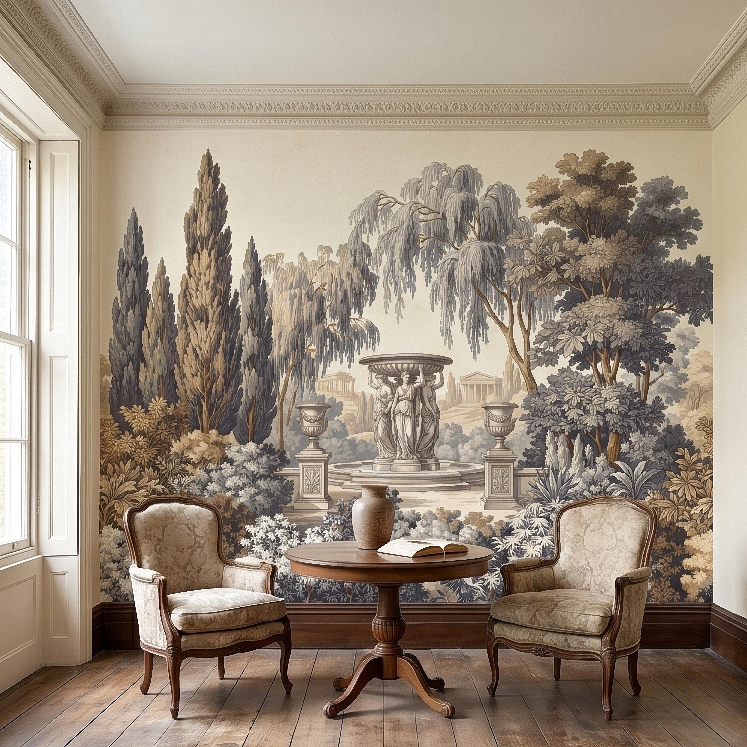Vintage Scenic Garden Peel and Stick Wall Mural, Classical Fountain Statues, Cypress and Willow Trees, French Toile Neutral Beige Wallpaper