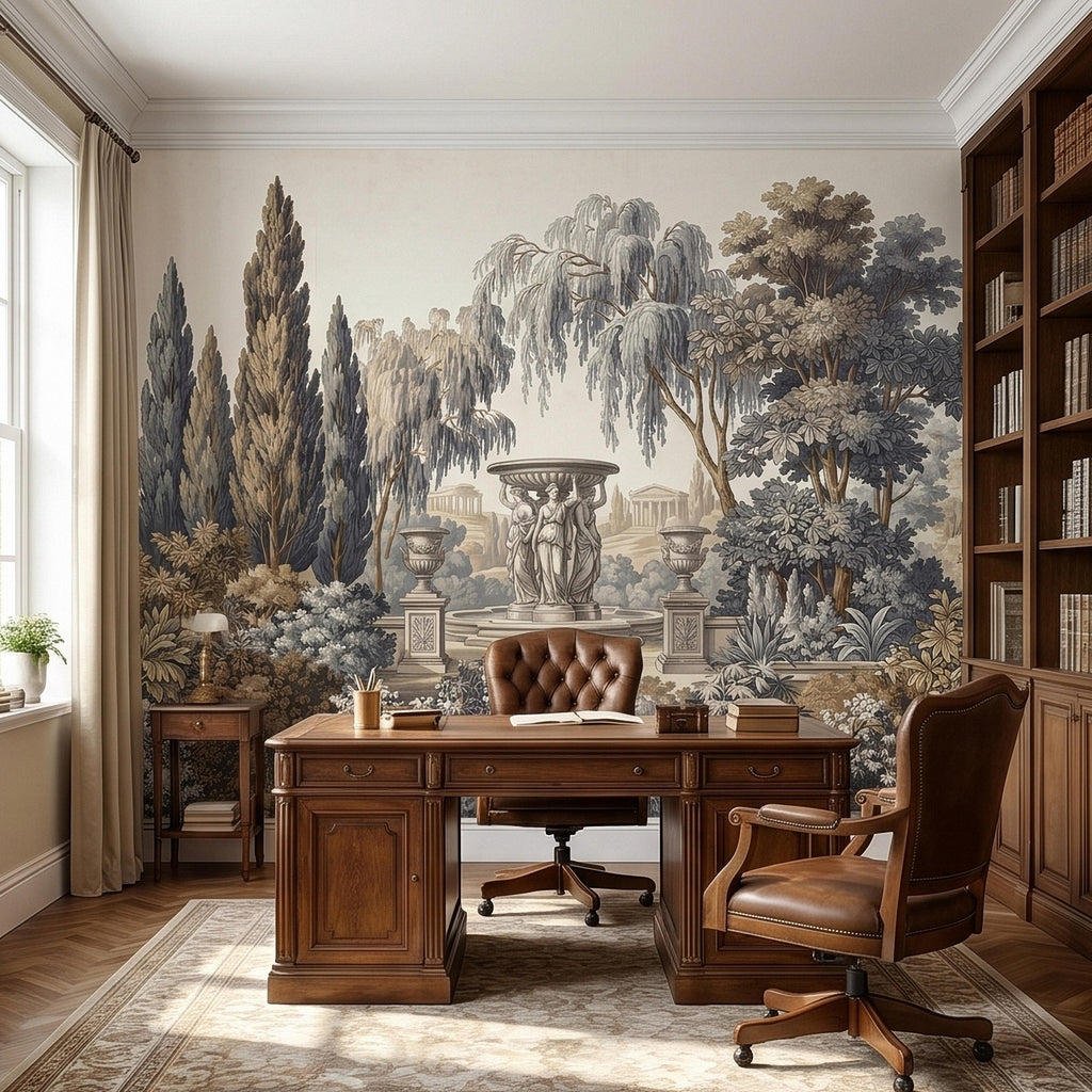 Vintage Scenic Garden Peel and Stick Wall Mural, Classical Fountain Statues, Cypress and Willow Trees, French Toile Neutral Beige Wallpaper