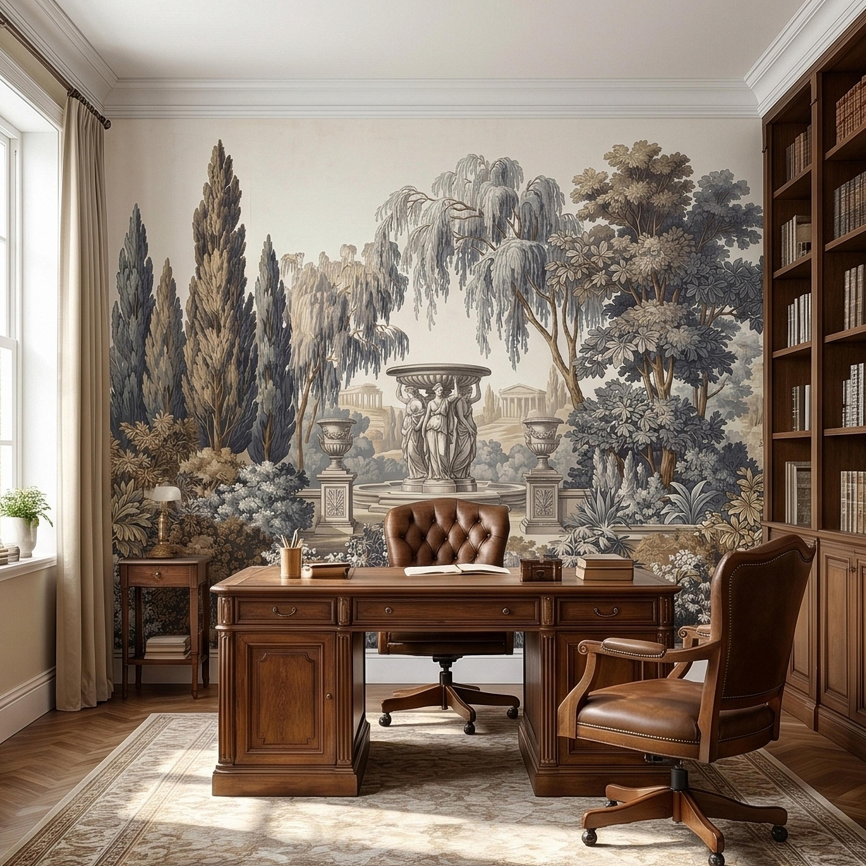 Vintage Scenic Garden Peel and Stick Wall Mural, Classical Fountain Statues, Cypress and Willow Trees, French Toile Neutral Beige Wallpaper