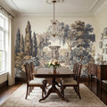 Vintage Scenic Garden Peel and Stick Wall Mural, Classical Fountain Statues, Cypress and Willow Trees, French Toile Neutral Beige Wallpaper