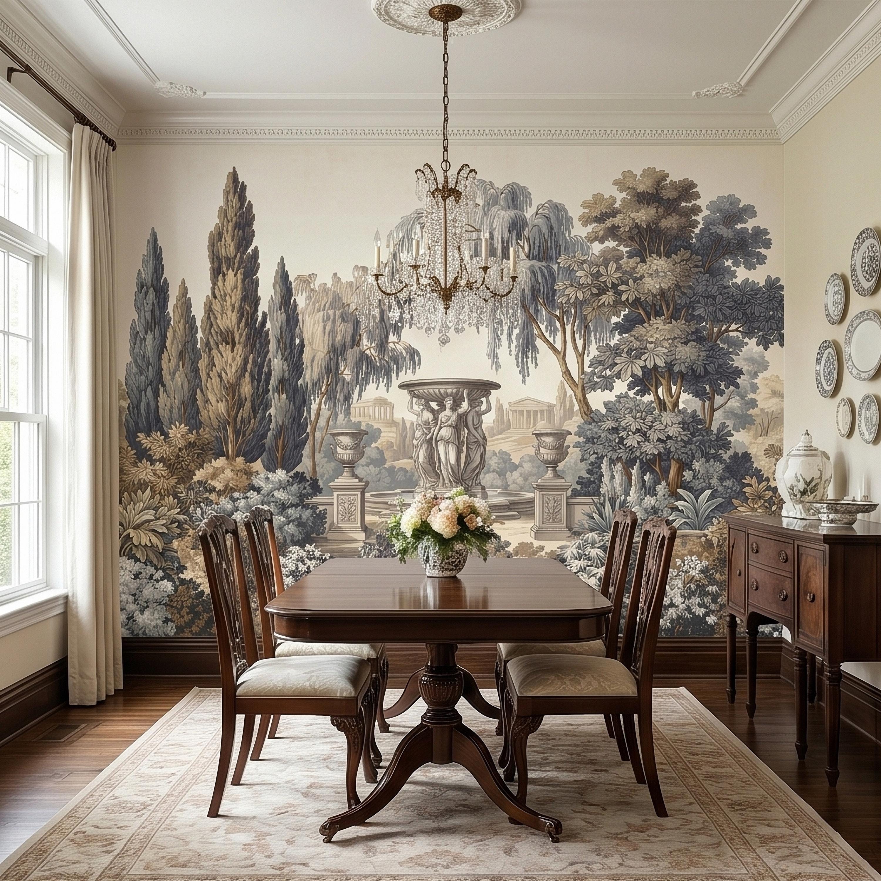 Vintage Scenic Garden Peel and Stick Wall Mural, Classical Fountain Statues, Cypress and Willow Trees, French Toile Neutral Beige Wallpaper