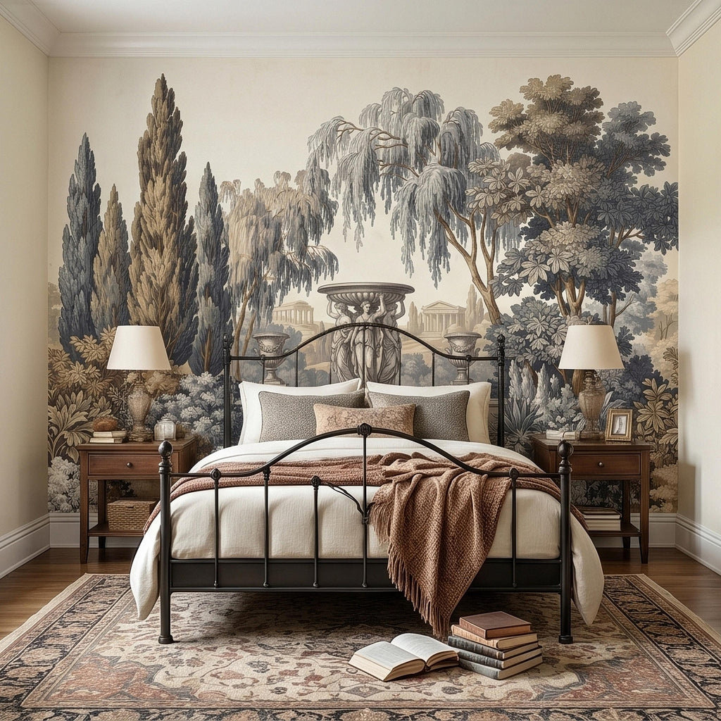 Vintage Scenic Garden Peel and Stick Wall Mural, Classical Fountain Statues, Cypress and Willow Trees, French Toile Neutral Beige Wallpaper