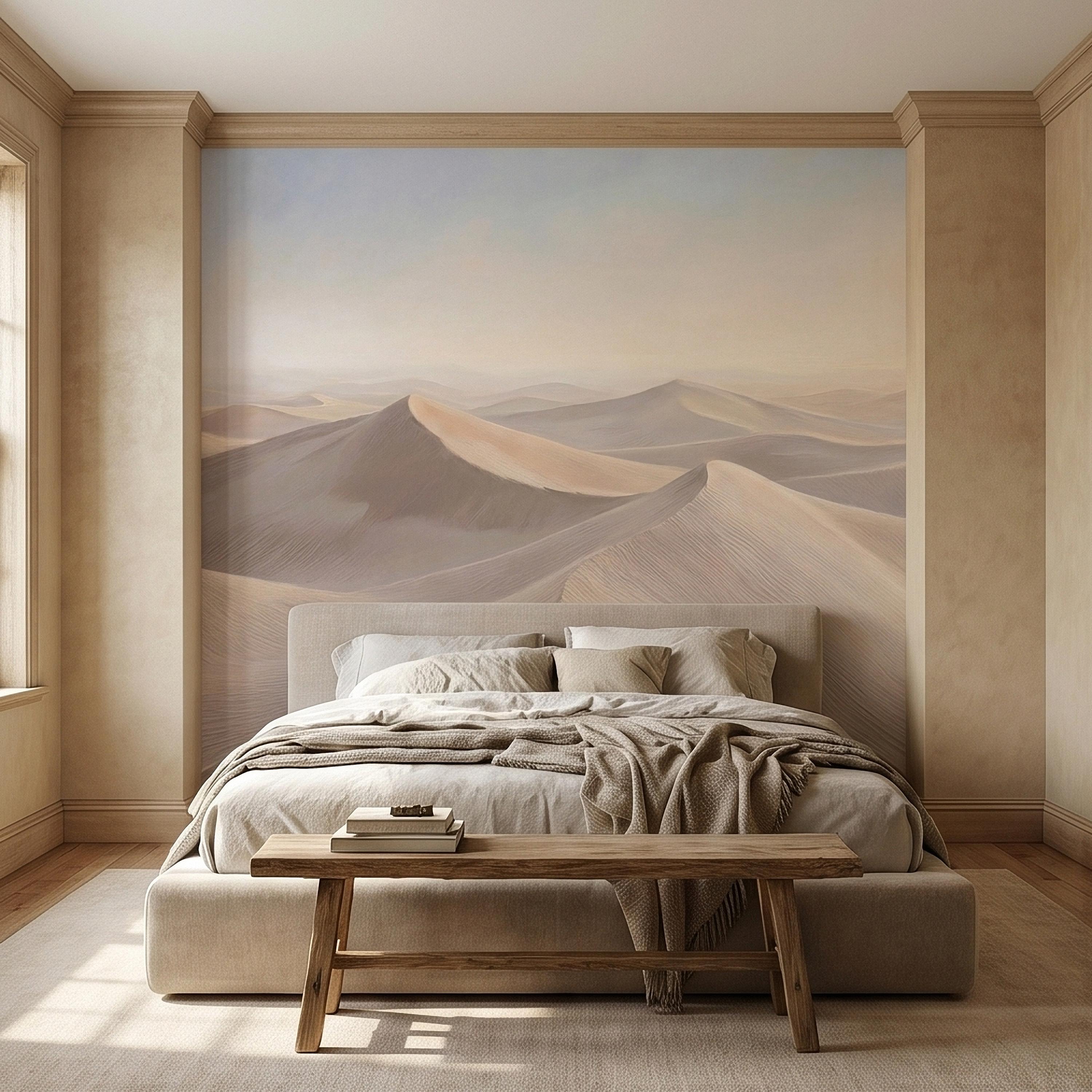 Minimalist Desert Sand Dunes Peel and Stick Wall Mural, Muted Pastel Neutral Beige Sand Dune Landscape, Calm Boho Sahara Sunrise Wallpaper