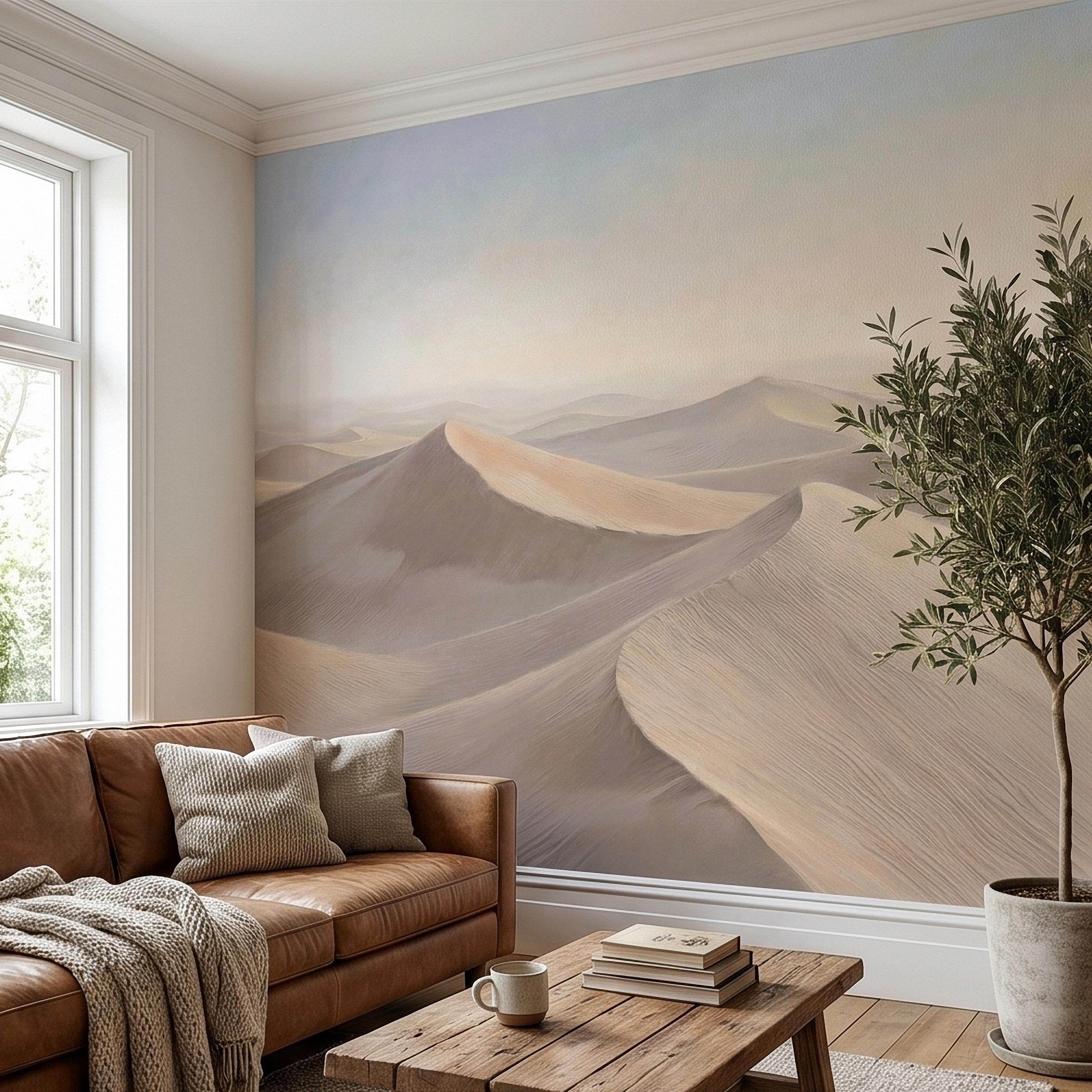 Minimalist Desert Sand Dunes Peel and Stick Wall Mural, Muted Pastel Neutral Beige Sand Dune Landscape, Calm Boho Sahara Sunrise Wallpaper